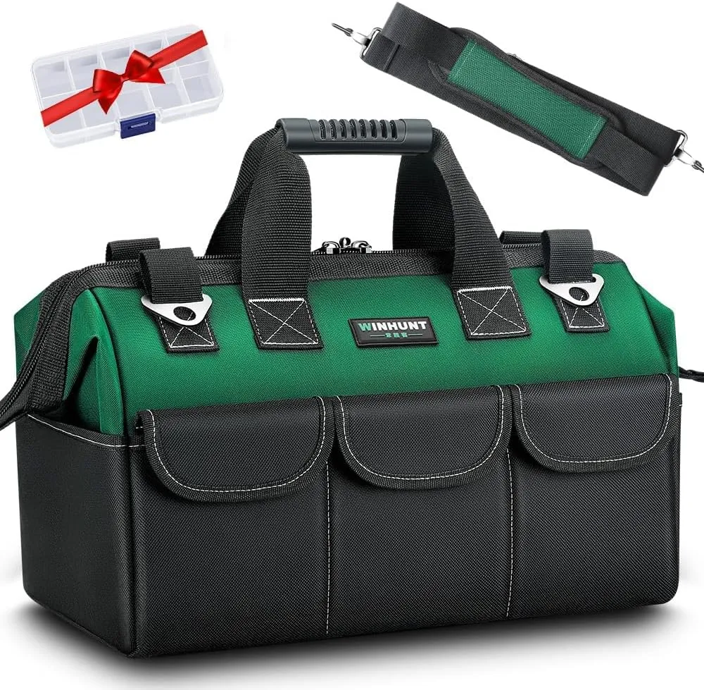 16-inch Tool Bag, Wide Mouth Tool Tote Bag with Inside Pockets for Tool Storage, Heavy Duty Tool Bags for Men, for Dad, Mechanic, Electrician,Black Green