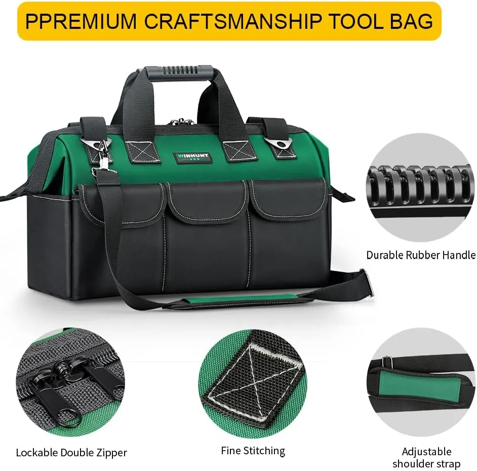 16-inch Tool Bag, Wide Mouth Tool Tote Bag with Inside Pockets for Tool Storage, Heavy Duty Tool Bags for Men, for Dad, Mechanic, Electrician,Black Green