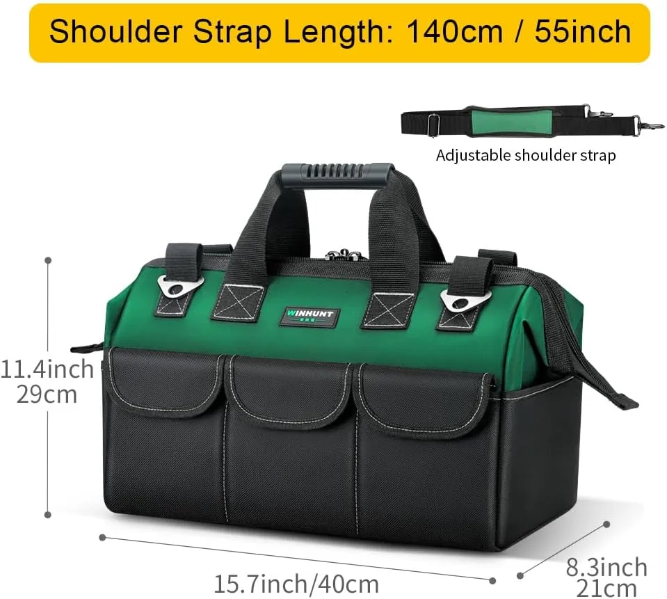 16-inch Tool Bag, Wide Mouth Tool Tote Bag with Inside Pockets for Tool Storage, Heavy Duty Tool Bags for Men, for Dad, Mechanic, Electrician,Black Green