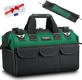 16-inch Tool Bag, Wide Mouth Tool Tote Bag with Inside Pockets for Tool Storage, Heavy Duty Tool Bags for Men, for Dad, Mechanic, Electrician,Black Green