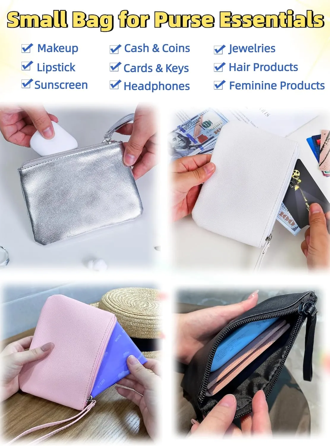 2 Pack Small Zipper Pouch Mini Makeup Bag for Purse Lipstick Cosmetic Travel Make Up Organizer for Women Essentials, Car Change Coin Holder 4.5 x 6.5 Clutch Stadium Approved Wristlet, Black Brown
