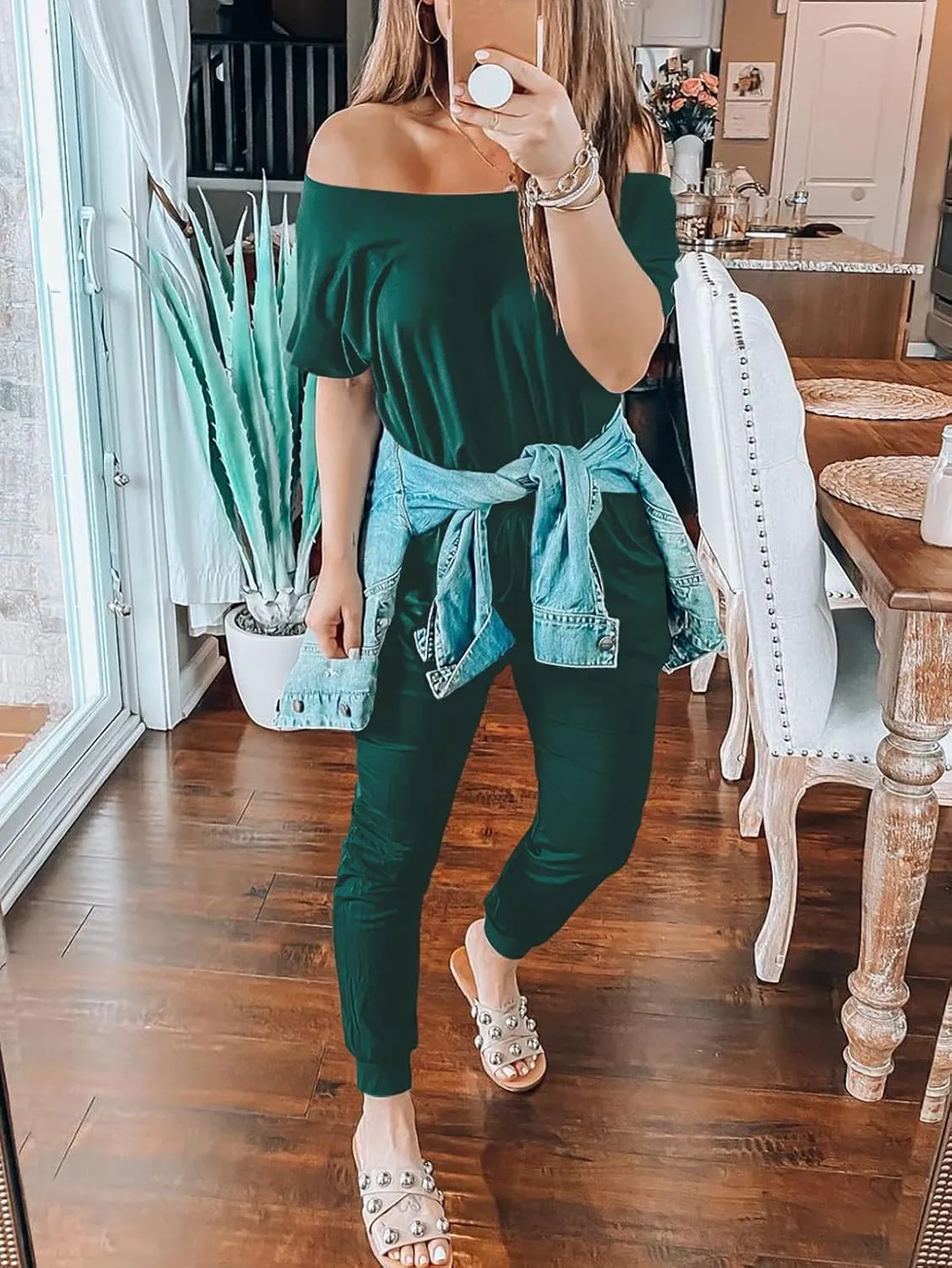 ANRABESS Women's Loose Summer Casual Off Shoulder Elastic Waist Stretchy Long Romper Jumpsuit