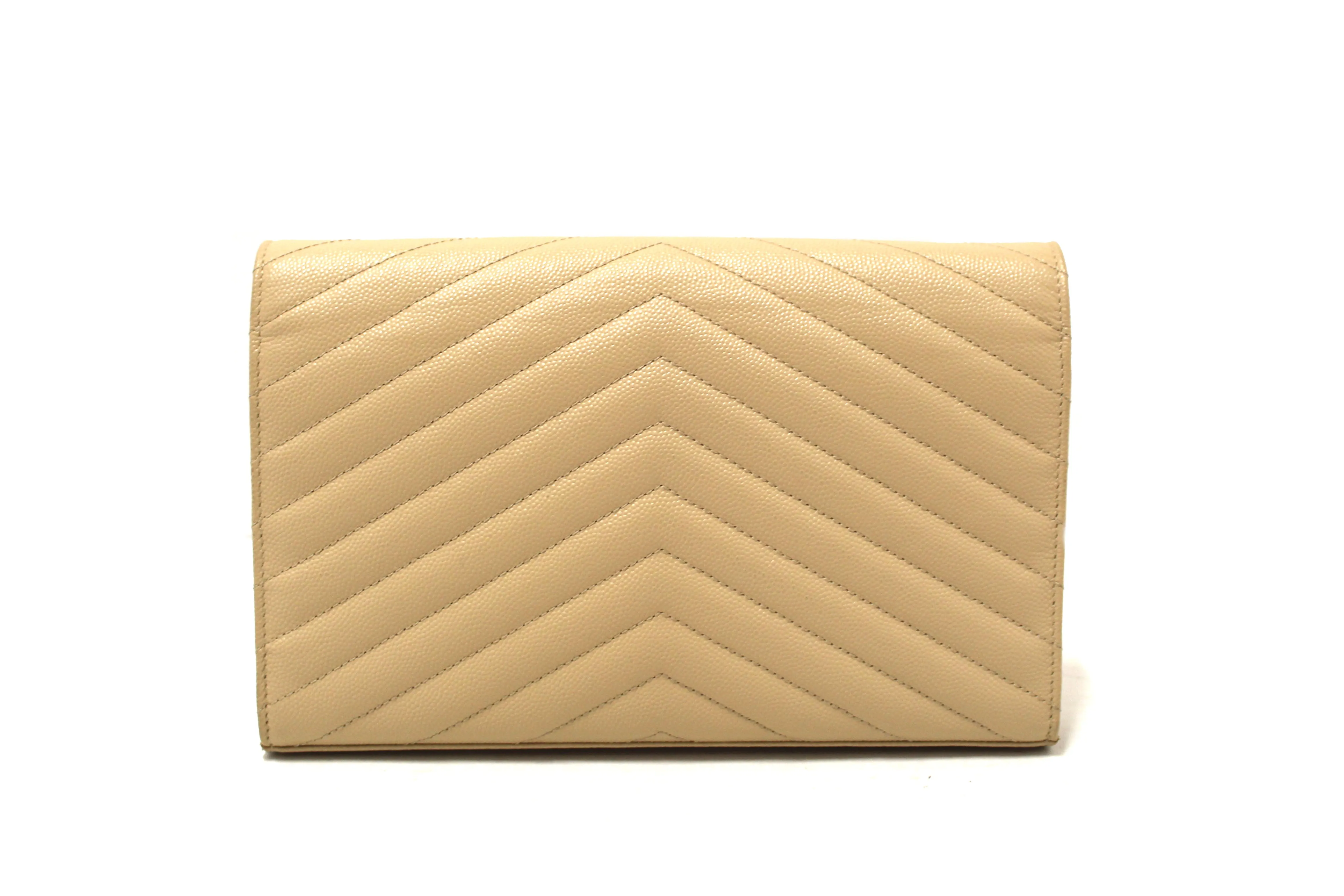 Authentic Saint Laurent Beige Matelasse Grain De Poudre Chevron Chain Wallet Crossbody Bag