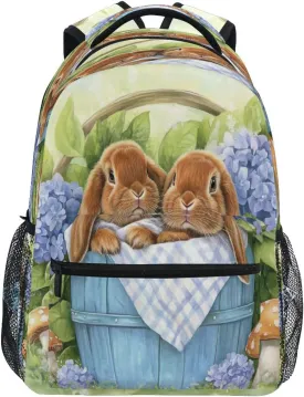 Backpack for Girls Boys, Teenager Bookbag College Rucksack Travel Daypack School Bag Kids Backpack Bunnies Blue Wooden Bucket Flowers Rabbit