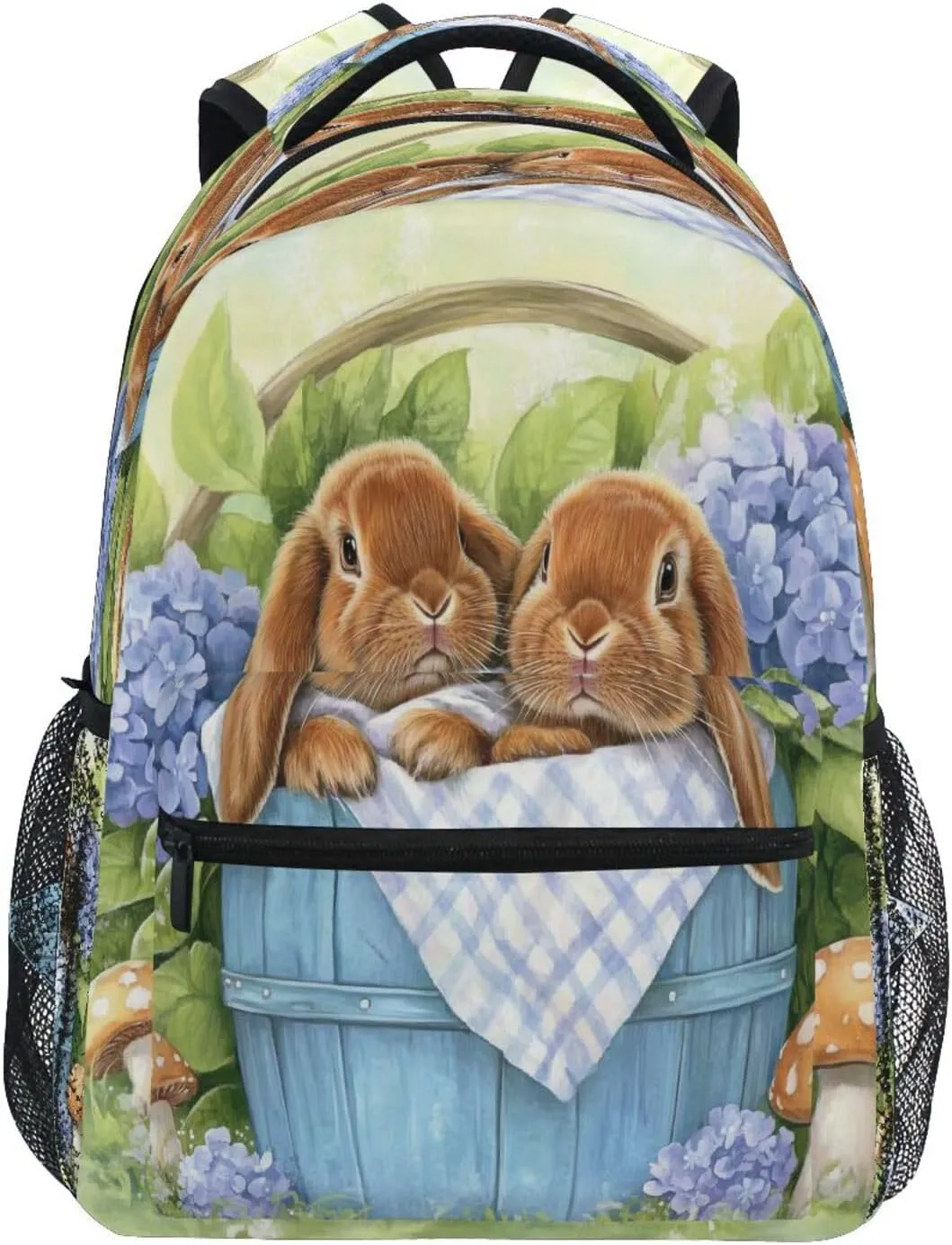 Backpack for Girls Boys, Teenager Bookbag College Rucksack Travel Daypack School Bag Kids Backpack Bunnies Blue Wooden Bucket Flowers Rabbit