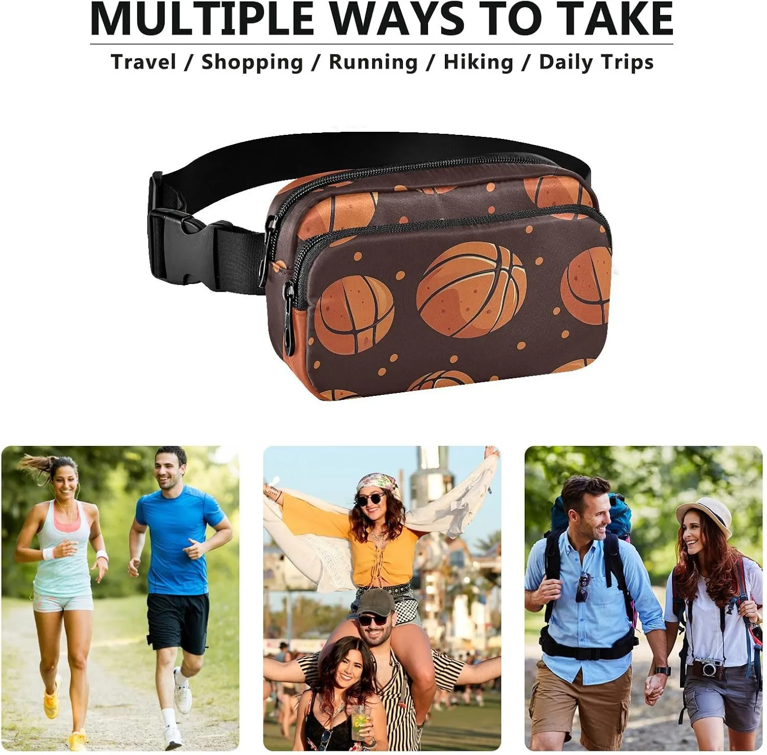 Basketball Brown Fashion Waist Bag Fanny Pack for Women Men Teenagers Water Resistant Bum Belt Bag with Adjustable Strap for Travel Shopping Running