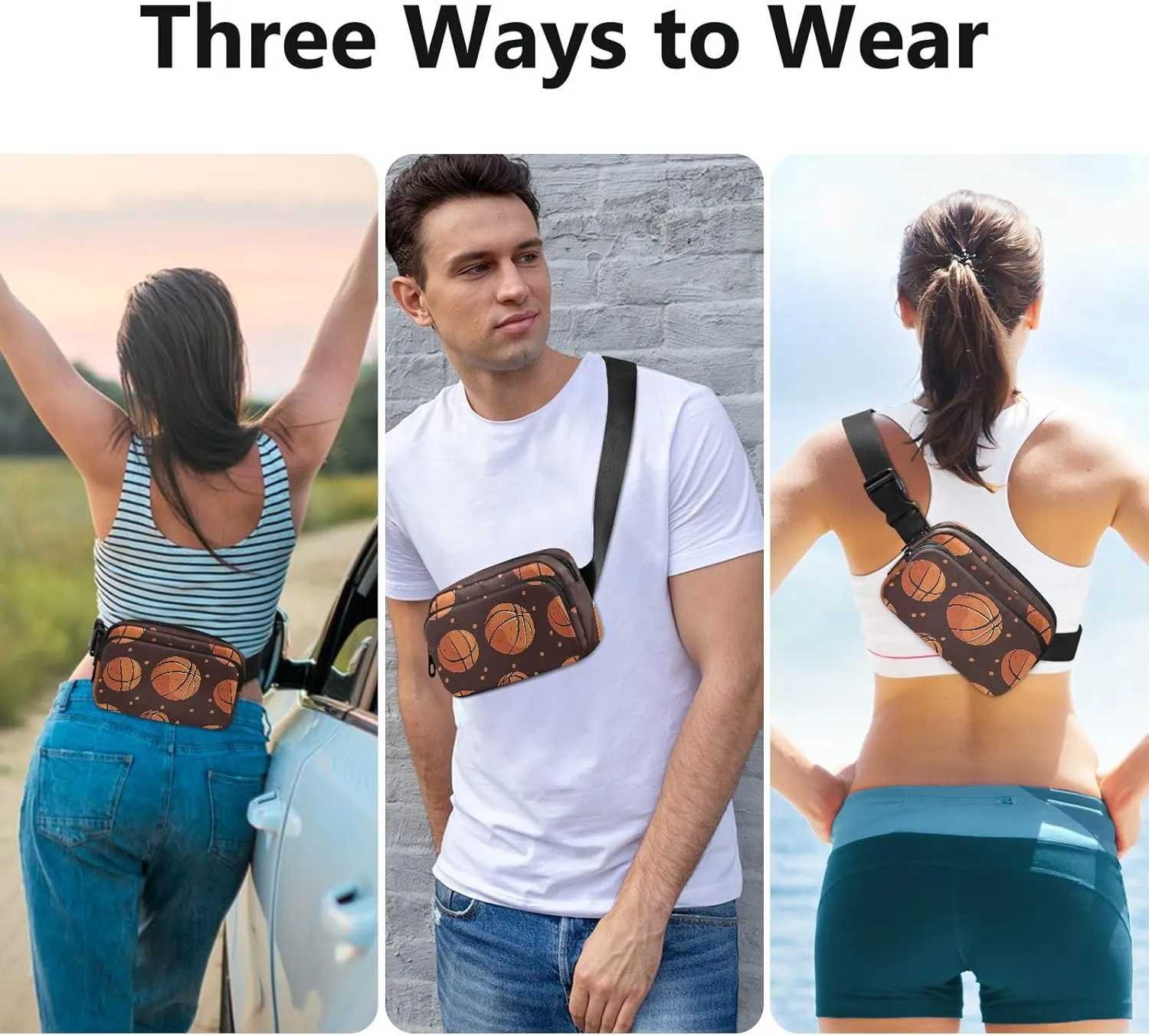 Basketball Brown Fashion Waist Bag Fanny Pack for Women Men Teenagers Water Resistant Bum Belt Bag with Adjustable Strap for Travel Shopping Running