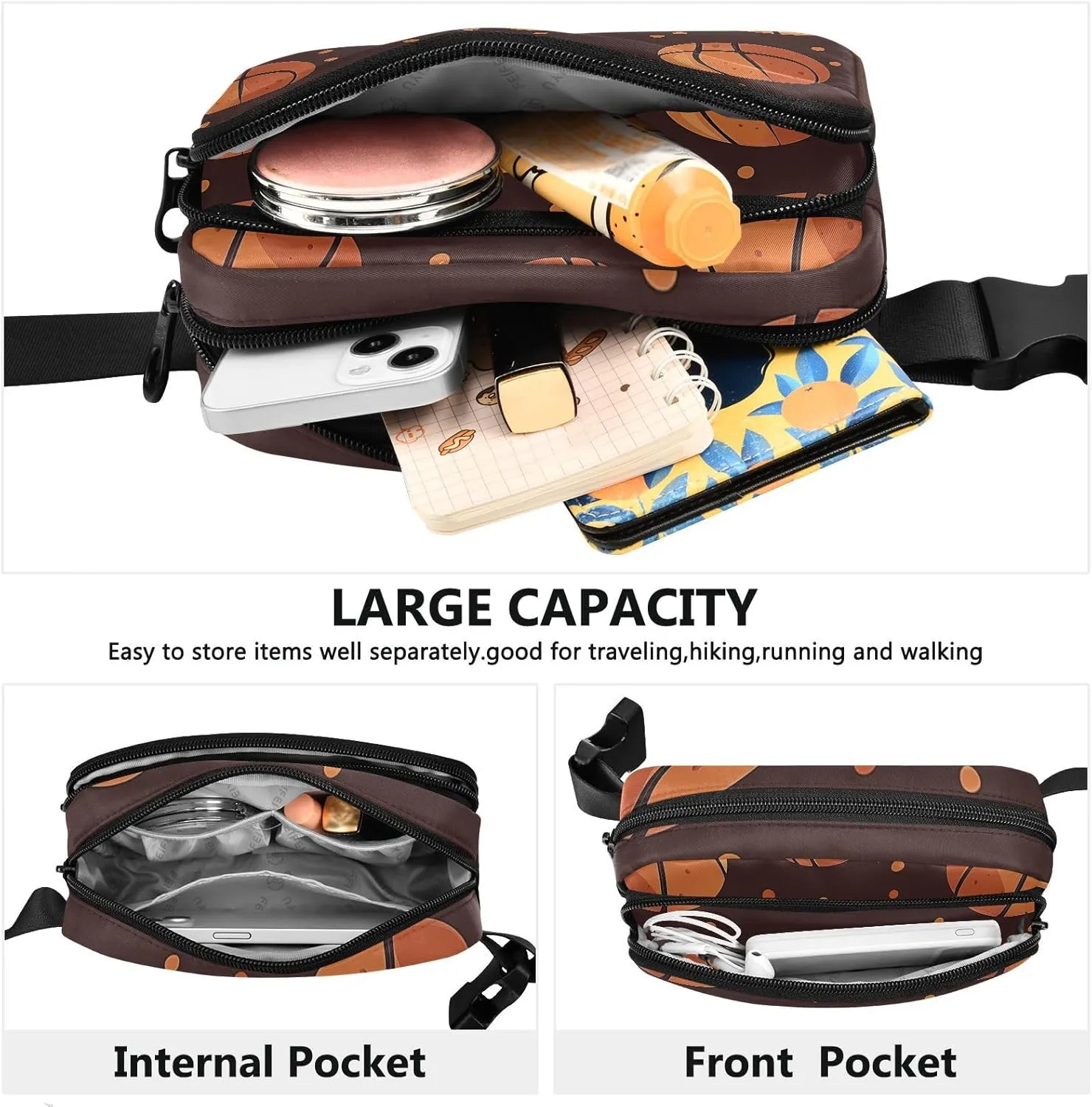 Basketball Brown Fashion Waist Bag Fanny Pack for Women Men Teenagers Water Resistant Bum Belt Bag with Adjustable Strap for Travel Shopping Running