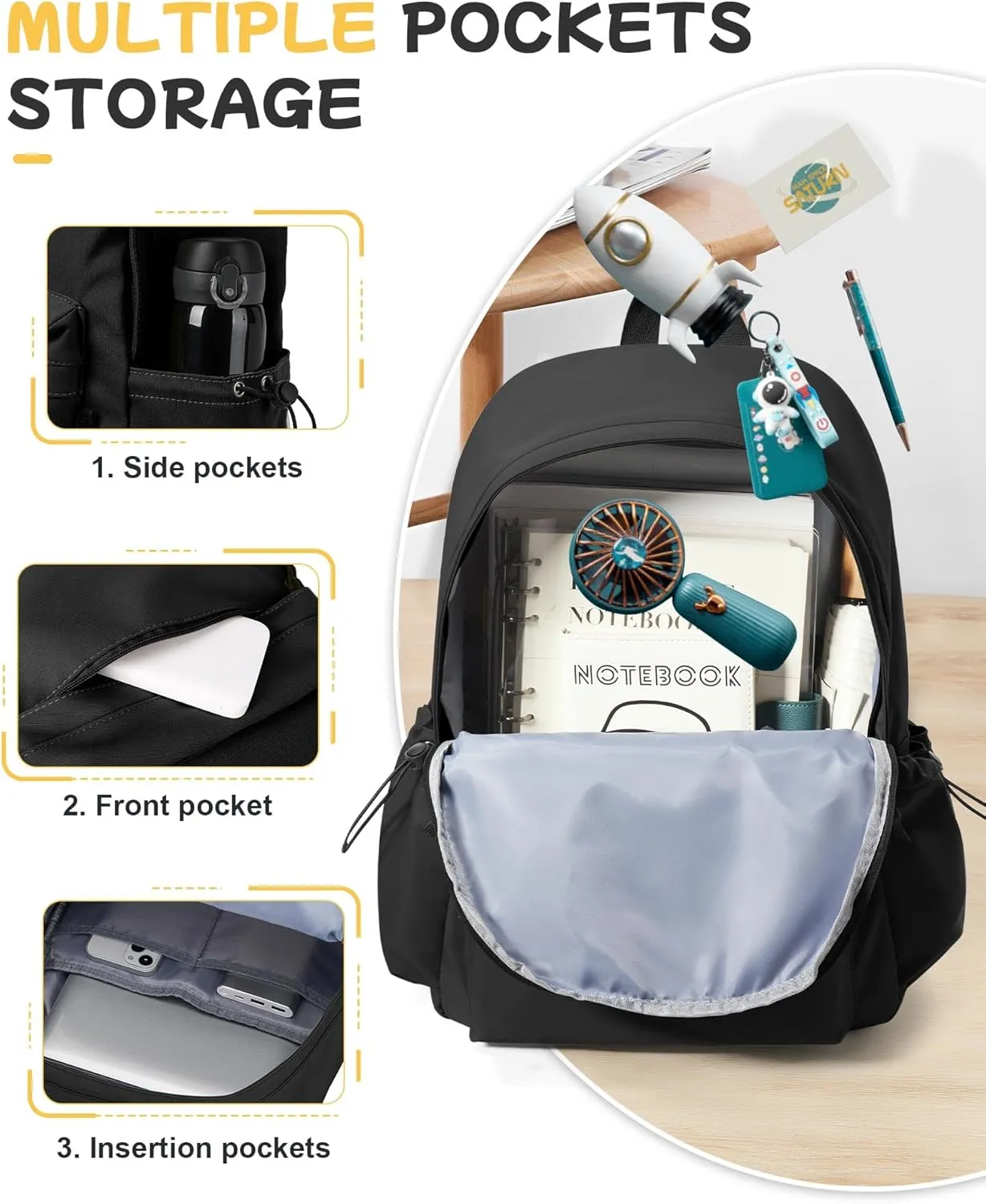 Black Backpack for School Women Girls, Waterproof Bookbag Cute High School Backpack for Men Teen Boys, Lightweight Travel College Back Pack Mochilas Escolares para Casual Daypack Rucksack