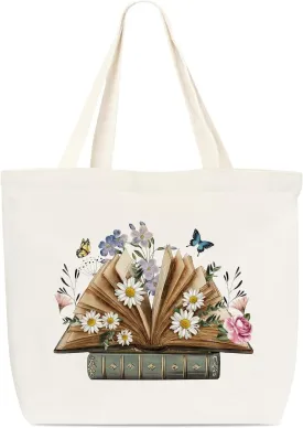 Canvas Tote Bag, Book Tote Bag, Book Lover Gift, Daisy Floral Tote, Library Tote Bag, Reusable Grocery Shopping Bag, Library Shoulder Bag For Reader Bookish Women Friend Bookworm A(22)
