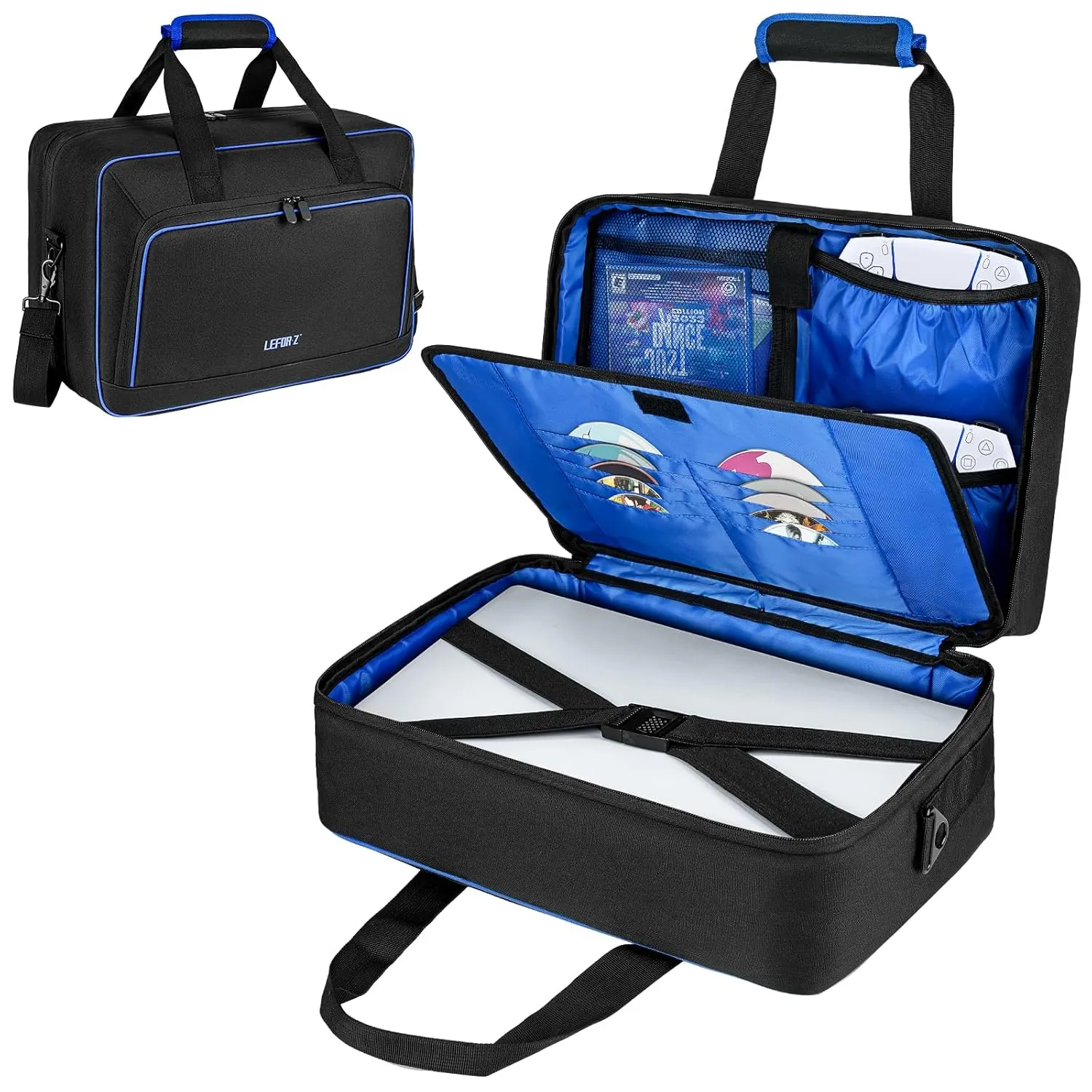 Carrying Case Compatible with PS5/PS5 Pro/PS4,17 Pockets Travel Storage Bag with Thick Padding Compatible with Playstation 5/PS5 Digital Edition,Controller,Game Discs,Charger & Accessories,Black,Blue