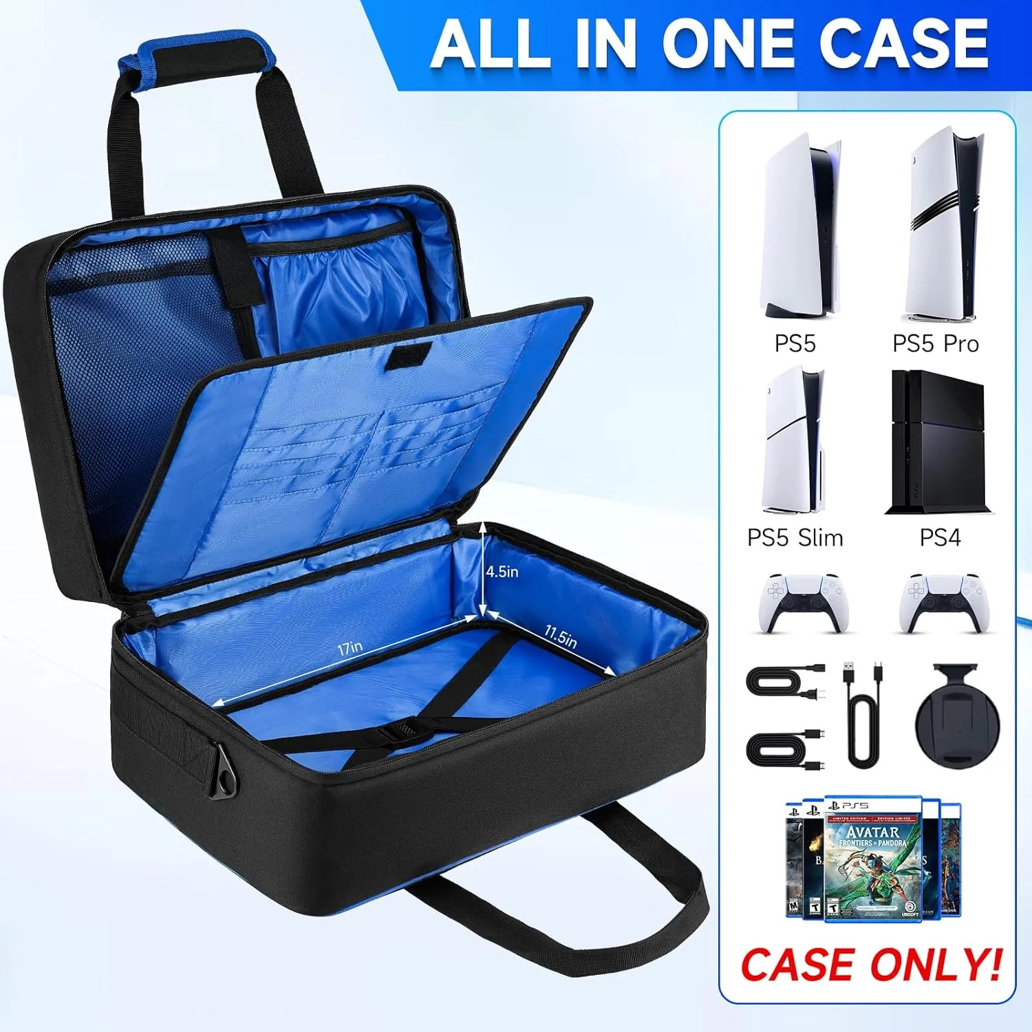 Carrying Case Compatible with PS5/PS5 Pro/PS4,17 Pockets Travel Storage Bag with Thick Padding Compatible with Playstation 5/PS5 Digital Edition,Controller,Game Discs,Charger & Accessories,Black,Blue