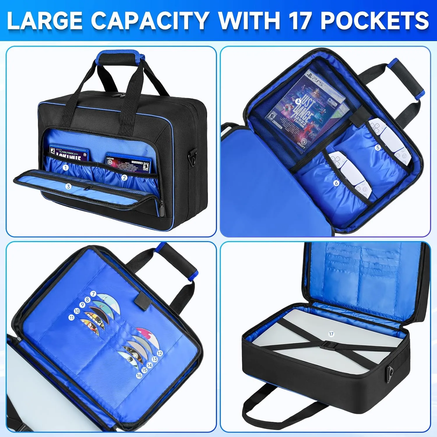 Carrying Case Compatible with PS5/PS5 Pro/PS4,17 Pockets Travel Storage Bag with Thick Padding Compatible with Playstation 5/PS5 Digital Edition,Controller,Game Discs,Charger & Accessories,Black,Blue