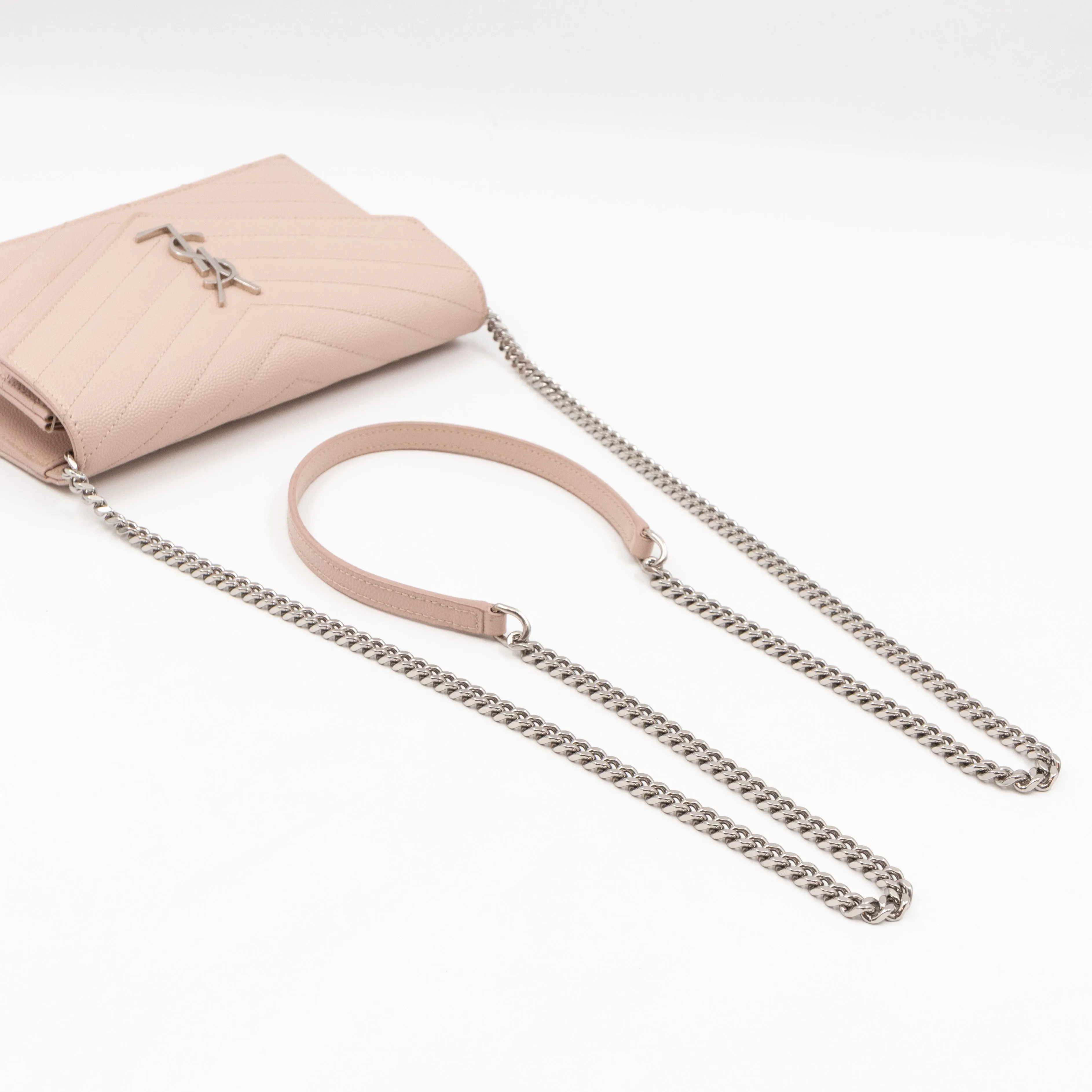 Cassandre Envelope Chain Wallet Rose Beige Grained Leather