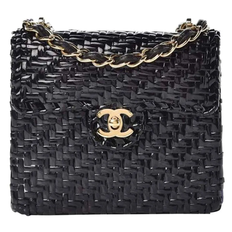 Chanel Flap Vintage 90s Mini Wicker Straw Classic Black Rattan Cross Body Bag
