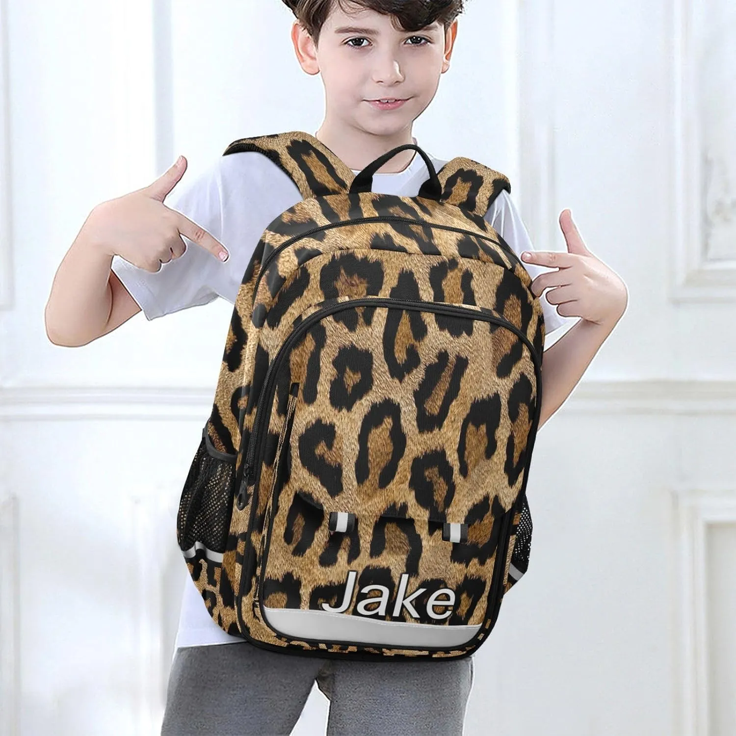 CHIFIGNO Brown Black Leopard Personalized Kids Backpack, Custom Monogram Backpack for Boys 6-8 Reflective Strips, Adjustable Straps