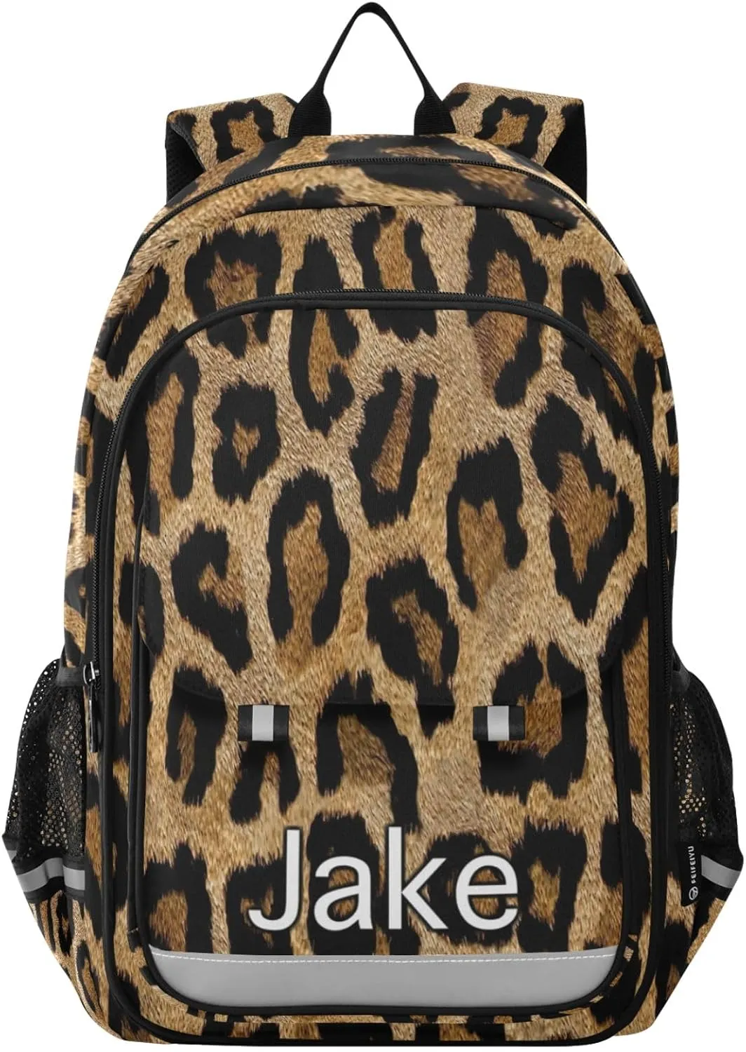 CHIFIGNO Brown Black Leopard Personalized Kids Backpack, Custom Monogram Backpack for Boys 6-8 Reflective Strips, Adjustable Straps