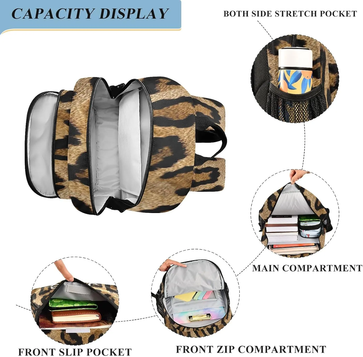 CHIFIGNO Brown Black Leopard Personalized Kids Backpack, Custom Monogram Backpack for Boys 6-8 Reflective Strips, Adjustable Straps