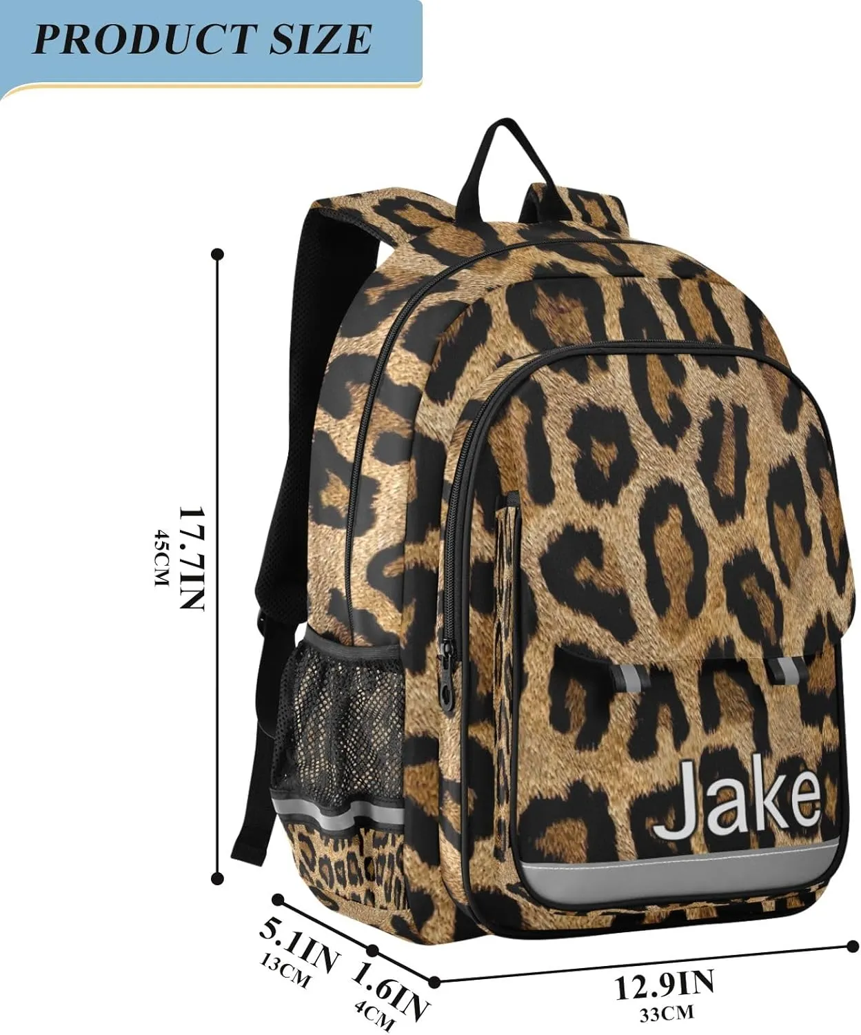 CHIFIGNO Brown Black Leopard Personalized Kids Backpack, Custom Monogram Backpack for Boys 6-8 Reflective Strips, Adjustable Straps