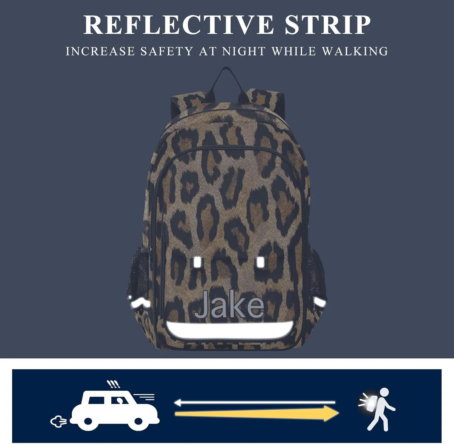 CHIFIGNO Brown Black Leopard Personalized Kids Backpack, Custom Monogram Backpack for Boys 6-8 Reflective Strips, Adjustable Straps