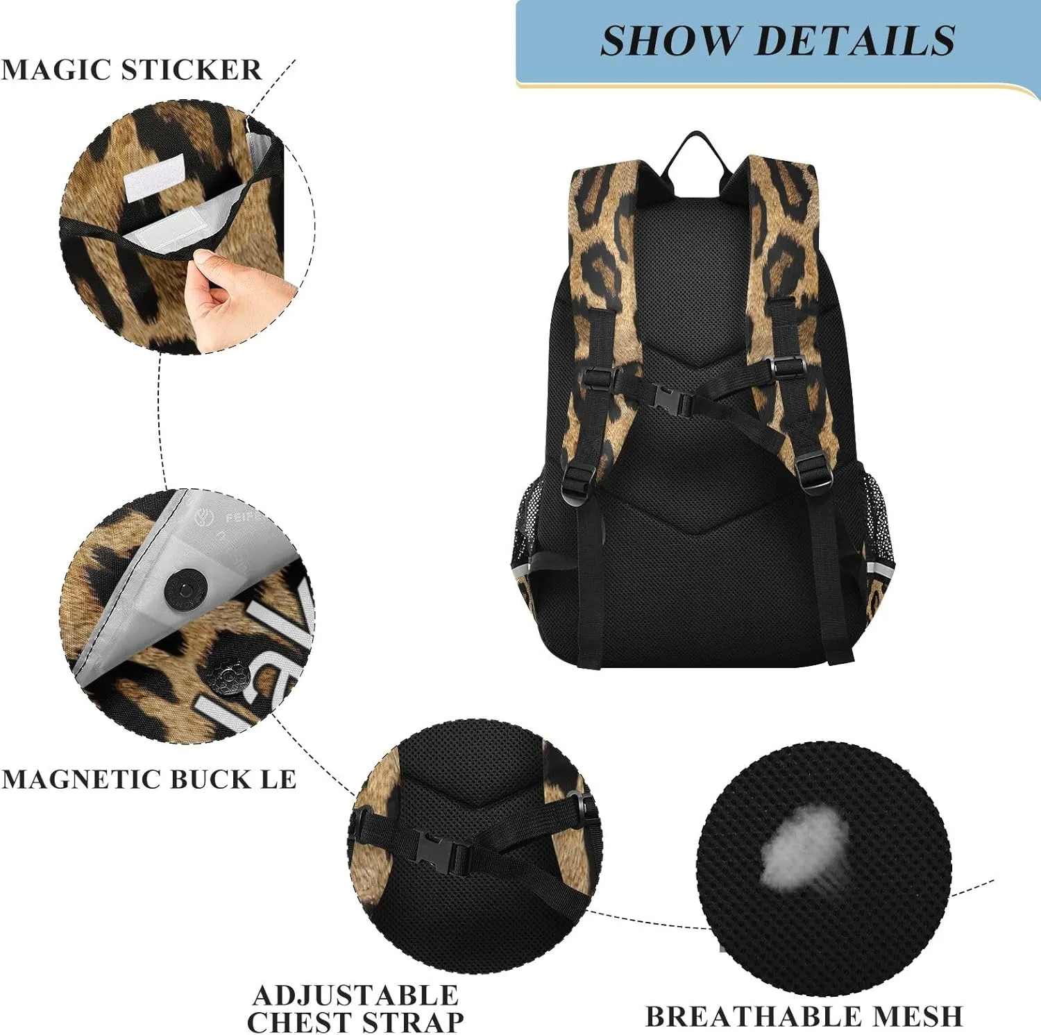 CHIFIGNO Brown Black Leopard Personalized Kids Backpack, Custom Monogram Backpack for Boys 6-8 Reflective Strips, Adjustable Straps