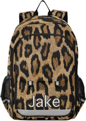 CHIFIGNO Brown Black Leopard Personalized Kids Backpack, Custom Monogram Backpack for Boys 6-8 Reflective Strips, Adjustable Straps