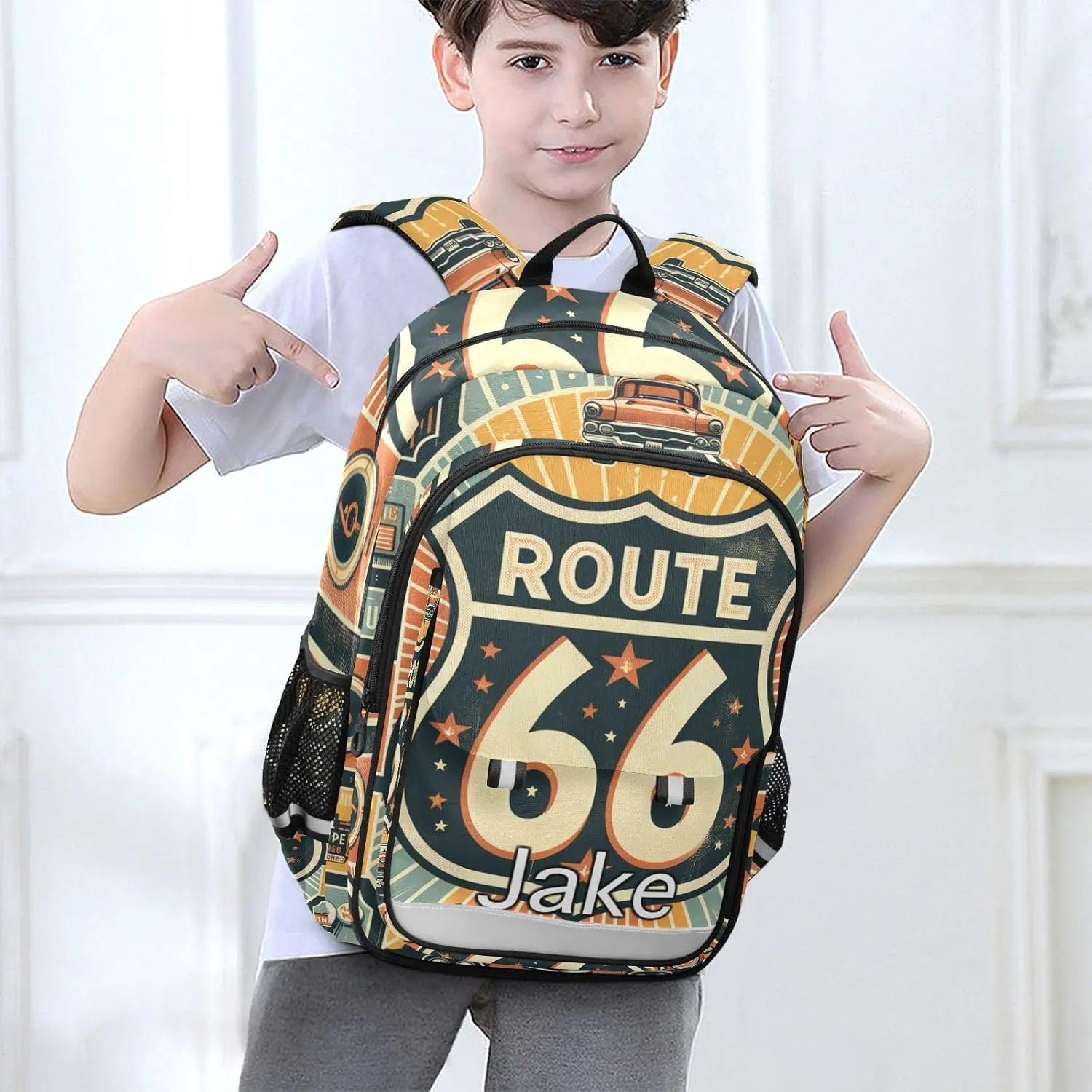 CHIFIGNO Monogram Backpack Kids Retro Route 66, Personalized Name School Backpacks for Girls, Secure Front Pockets