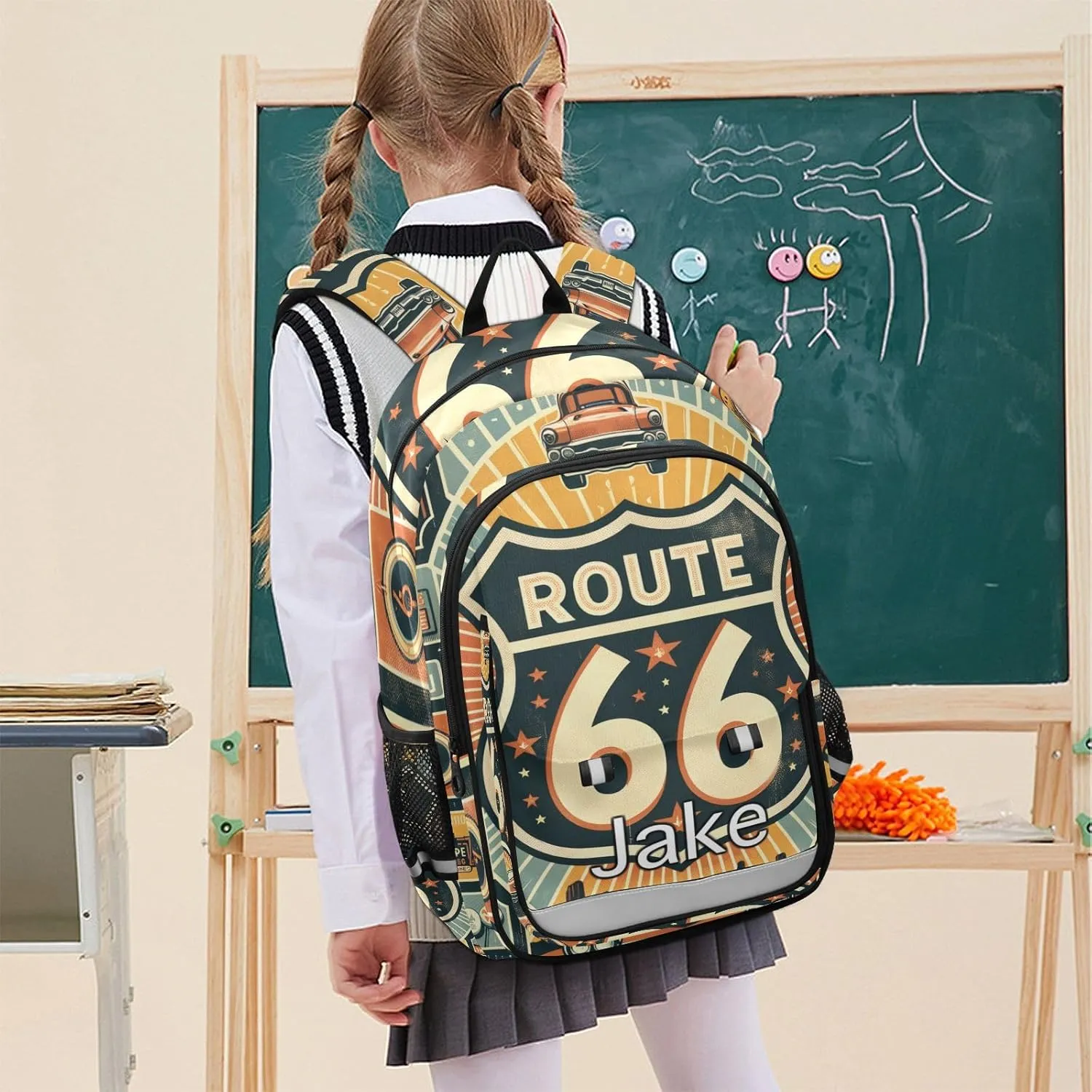 CHIFIGNO Monogram Backpack Kids Retro Route 66, Personalized Name School Backpacks for Girls, Secure Front Pockets