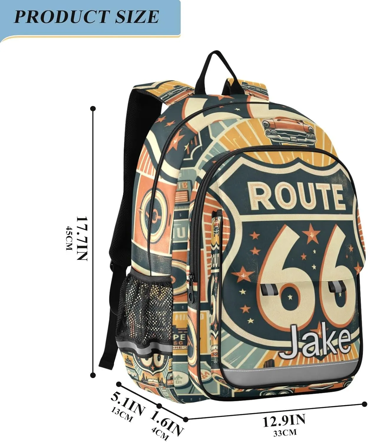 CHIFIGNO Monogram Backpack Kids Retro Route 66, Personalized Name School Backpacks for Girls, Secure Front Pockets