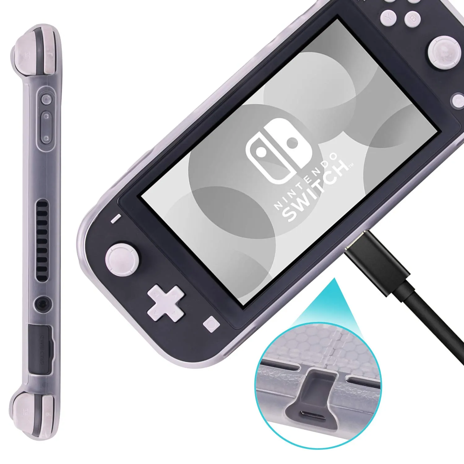 CHIN FAI Grip Case with Screen Protector for Nintendo Switch Lite 2019, Hard TPU Protective Case Cover for Switch Lite [Self Stand][4 Thumb Stick Caps] (Clear)