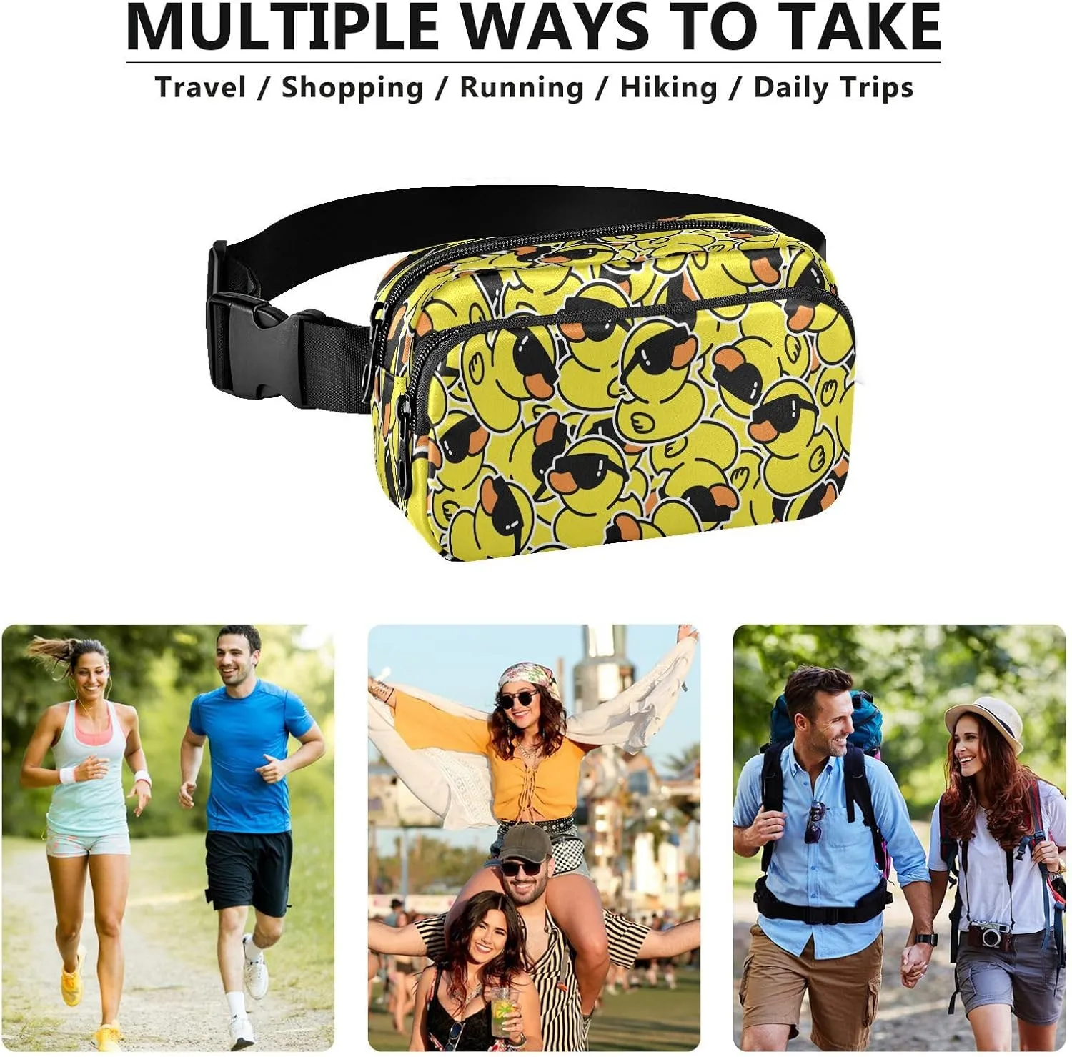 Exnundod Waist Bag Rubber Duck Sunglasses Fanny Crossbody Pack Cartoon with Adjustable Strap Hip Bum Bag for Running Hiking Traveling Outdoor