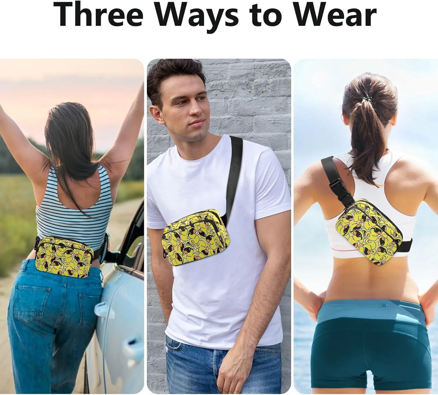 Exnundod Waist Bag Rubber Duck Sunglasses Fanny Crossbody Pack Cartoon with Adjustable Strap Hip Bum Bag for Running Hiking Traveling Outdoor