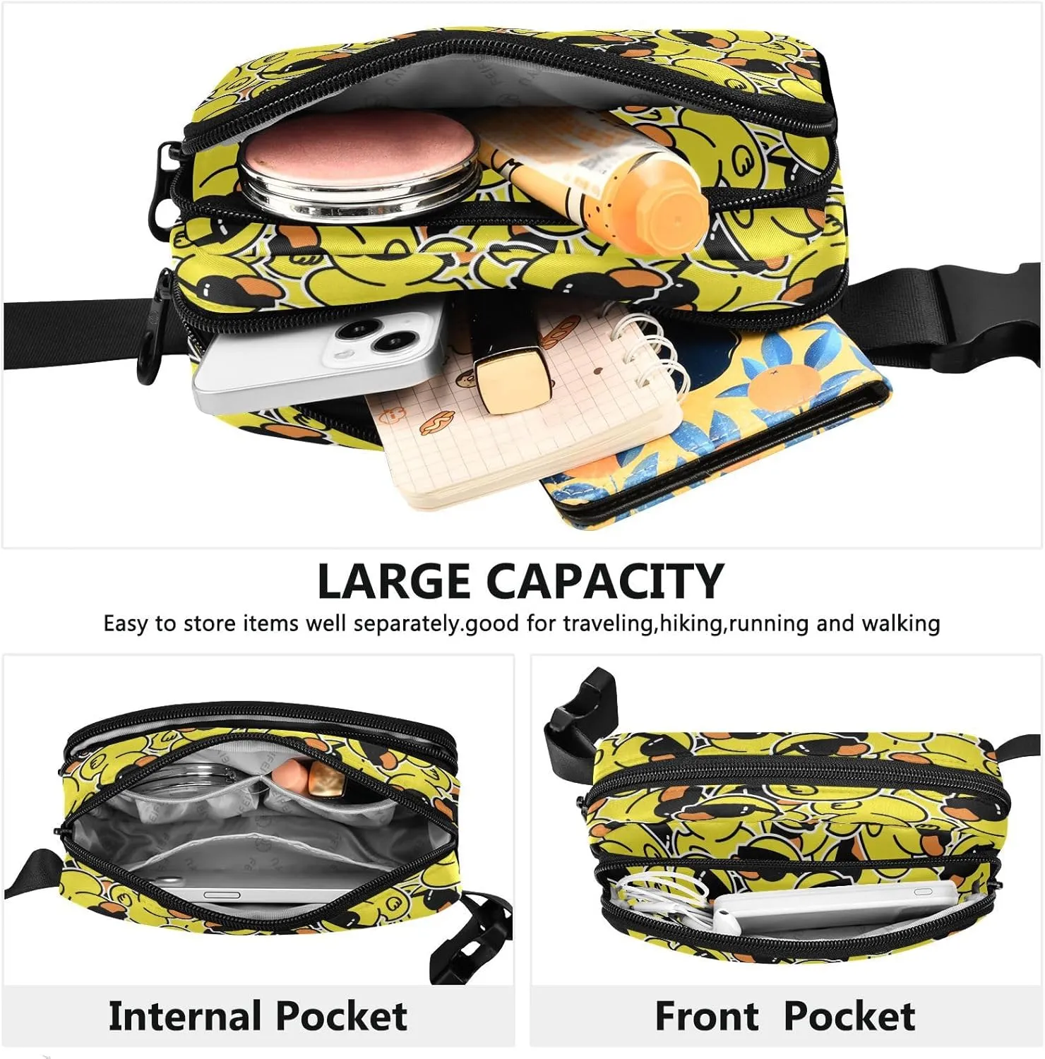 Exnundod Waist Bag Rubber Duck Sunglasses Fanny Crossbody Pack Cartoon with Adjustable Strap Hip Bum Bag for Running Hiking Traveling Outdoor