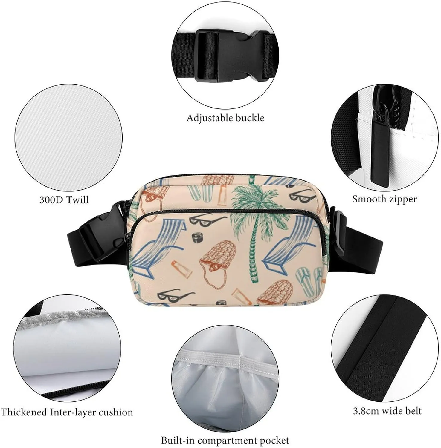 Fanny Pack for Women Men Beach Belt Bag Palm Tree Waist Pack Bum Bag for Running Cycling Hiking Travel Workout with Adjustable Strap
