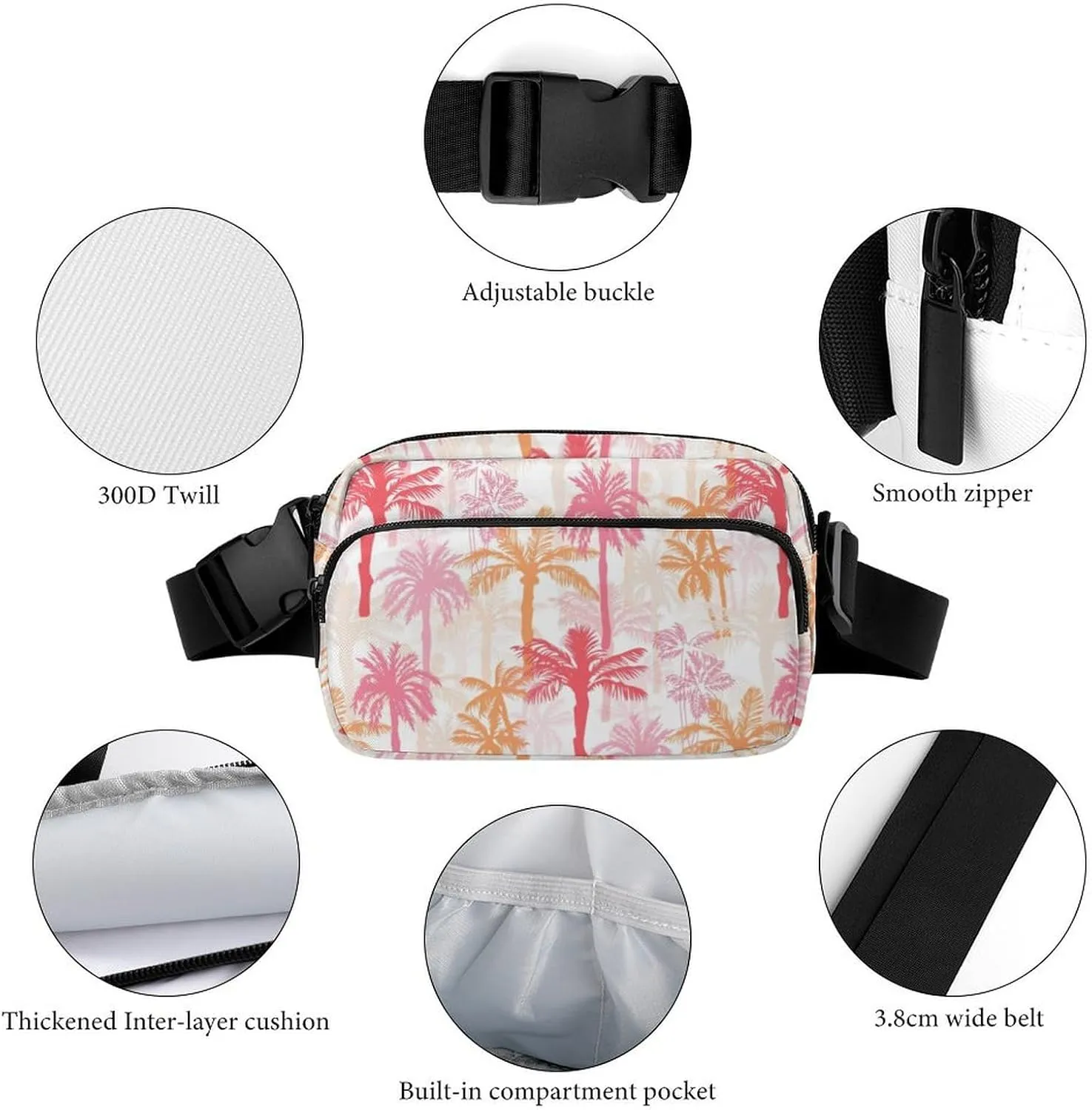 Fanny Pack for Women Men Tropical Palm Belt Bag Pink Orange Waist Pack Bum Bag for Running Cycling Hiking Travel Workout with Adjustable Strap
