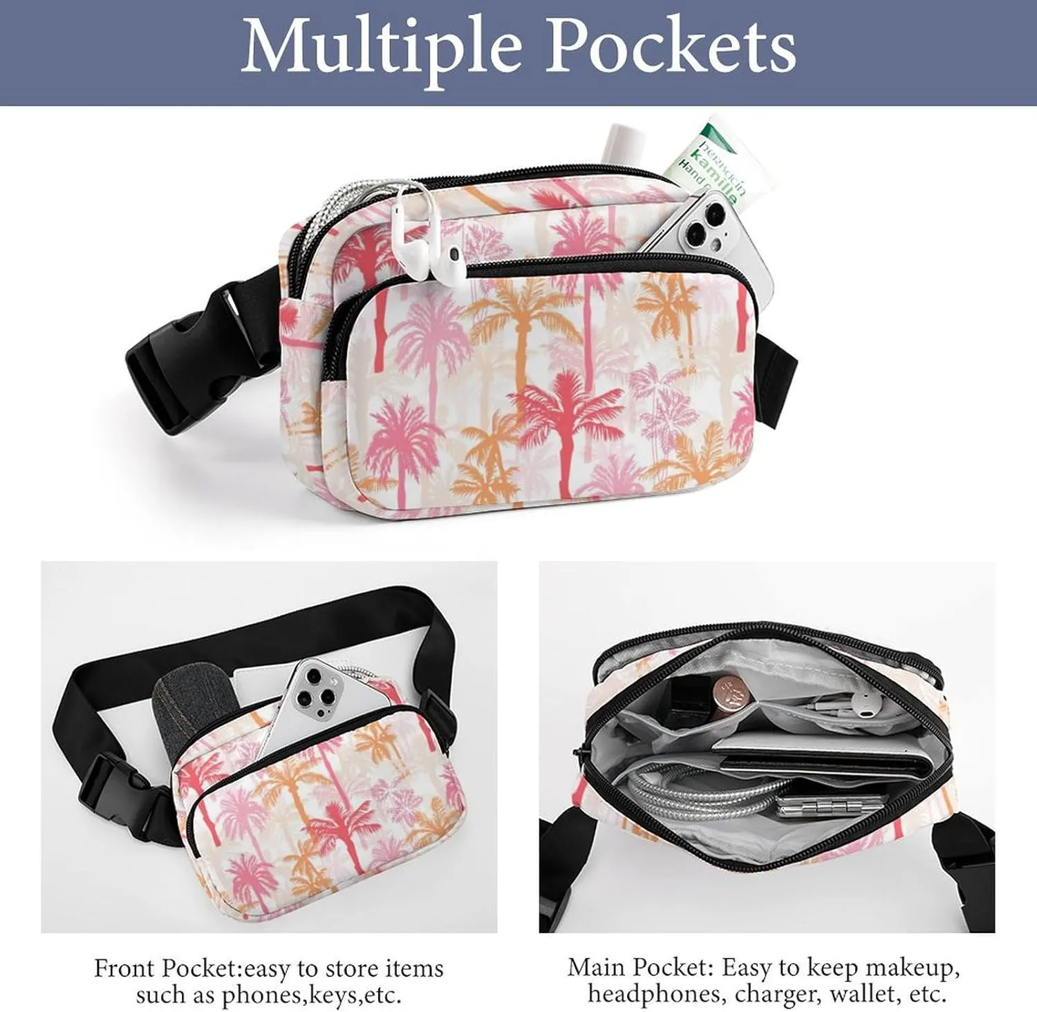 Fanny Pack for Women Men Tropical Palm Belt Bag Pink Orange Waist Pack Bum Bag for Running Cycling Hiking Travel Workout with Adjustable Strap