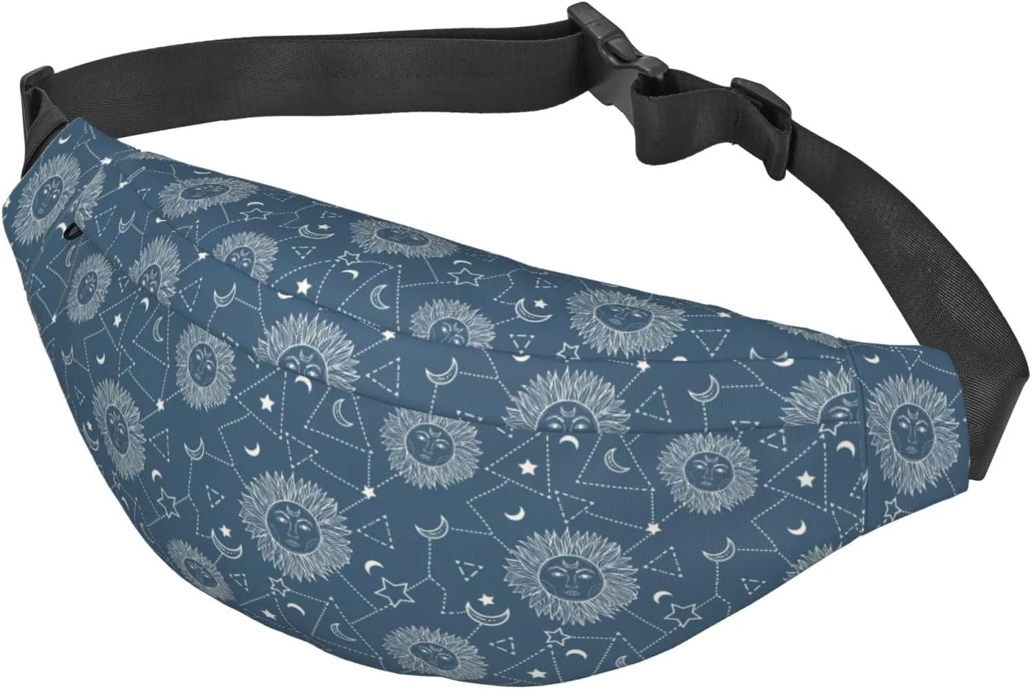 Fanny Pack for Women Men,Stars Sun Moon Blue Boho Large Crossbody Waist Pack Belt Bag for Workout Hiking Running Travel, Onesize