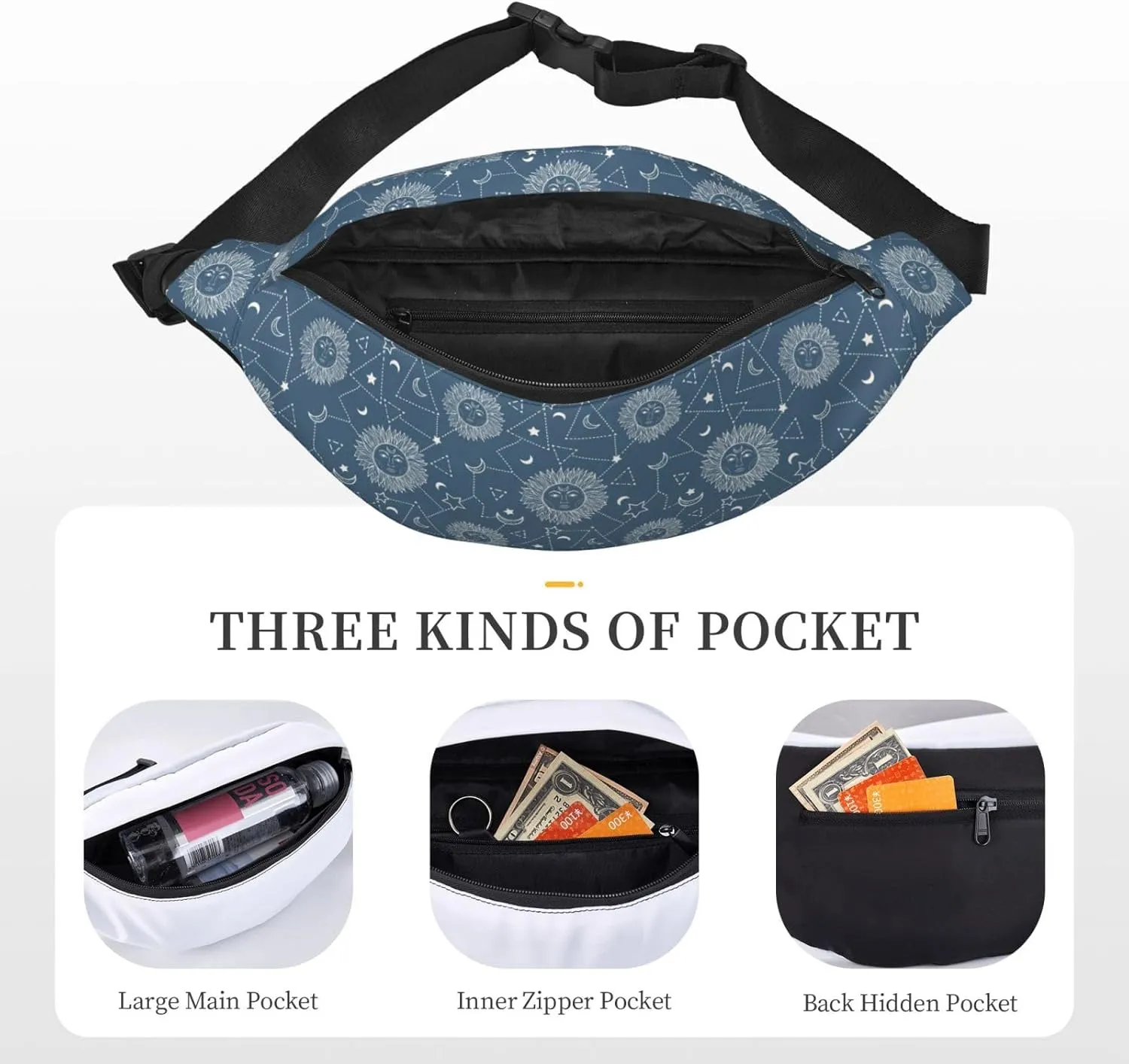 Fanny Pack for Women Men,Stars Sun Moon Blue Boho Large Crossbody Waist Pack Belt Bag for Workout Hiking Running Travel, Onesize