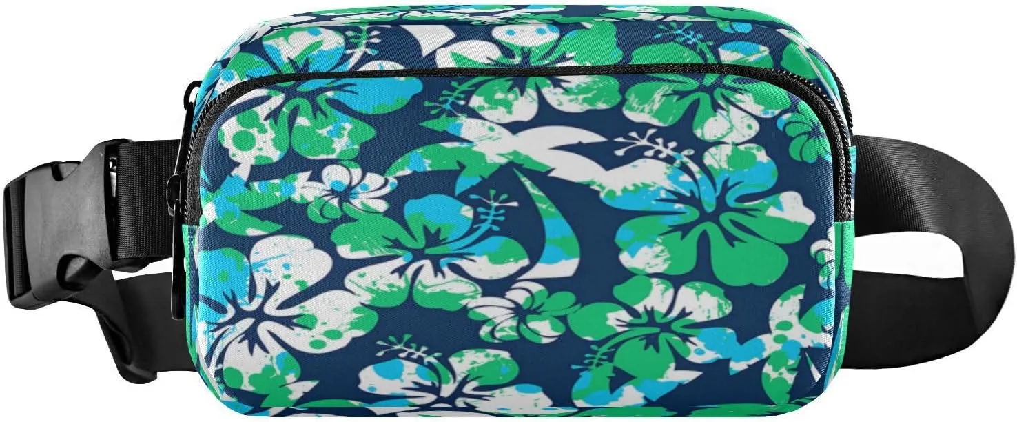 Fanny Packs for Women Men Navy Hibiscus Palm Belt Bag Waist Pouch Packs Crossbody Bag Running Hiking Fanny Pack Gifts for Girls Boys