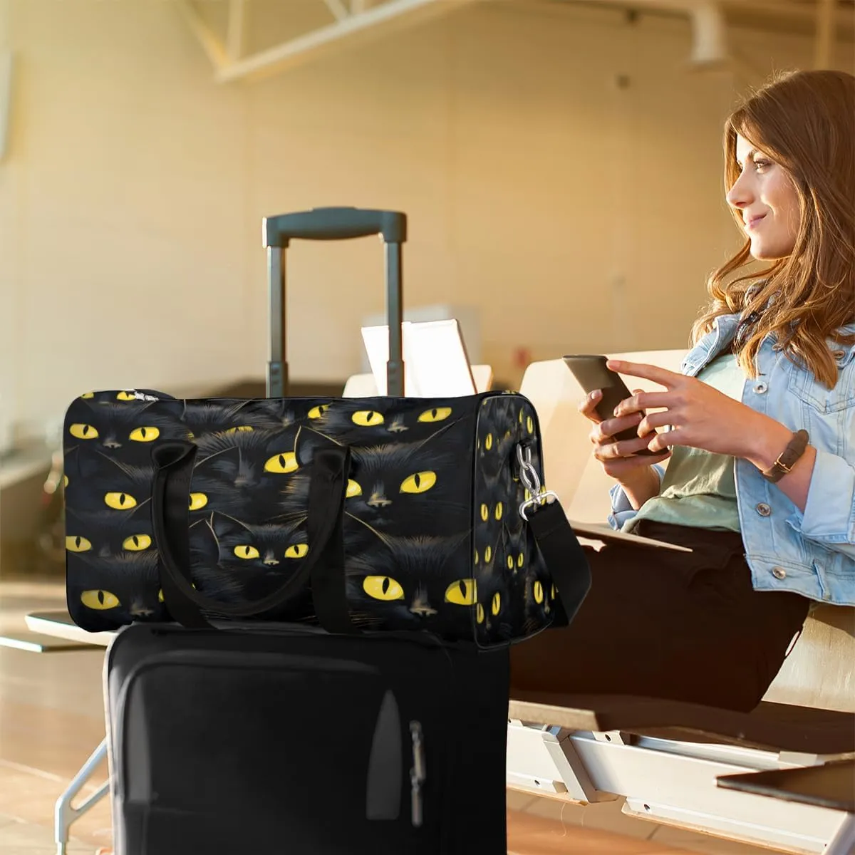 Funny Travel Duffle Bag, Sports Gym Bags for Women Men, Carry On Weekender Overnight Bag, Black Cat Workout Hospital Airplane Trips Bag