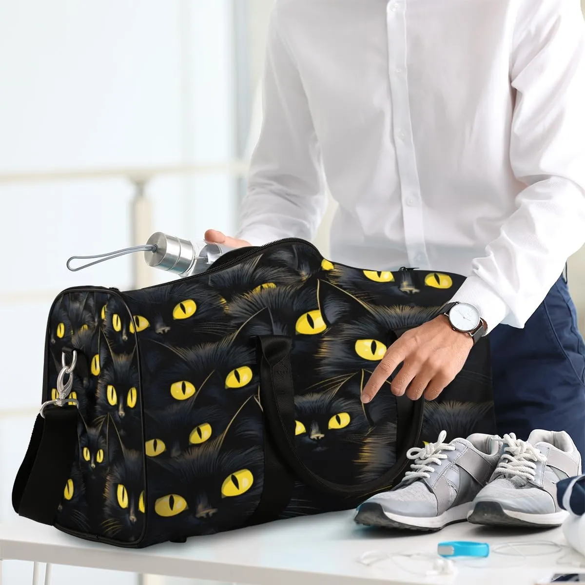 Funny Travel Duffle Bag, Sports Gym Bags for Women Men, Carry On Weekender Overnight Bag, Black Cat Workout Hospital Airplane Trips Bag