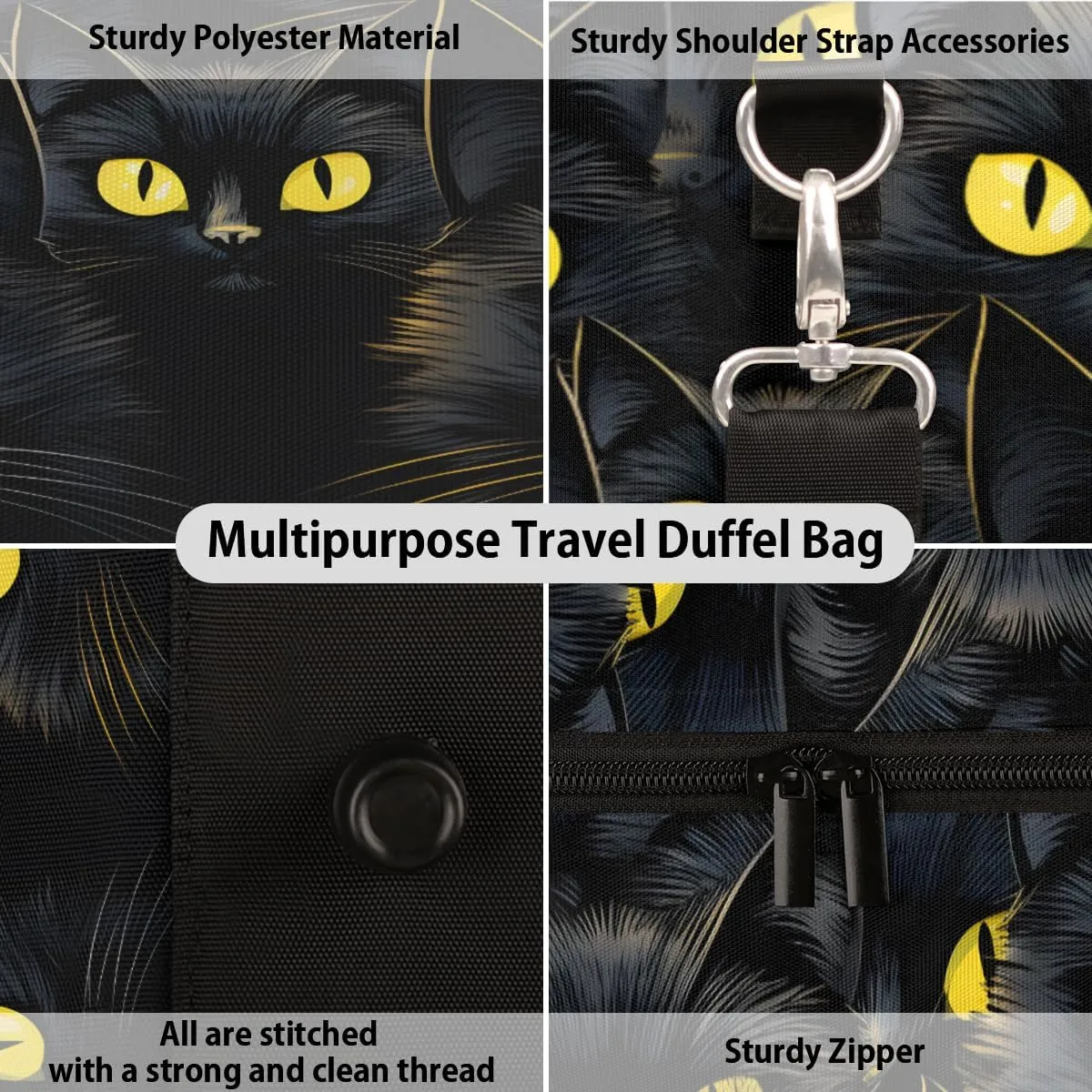Funny Travel Duffle Bag, Sports Gym Bags for Women Men, Carry On Weekender Overnight Bag, Black Cat Workout Hospital Airplane Trips Bag