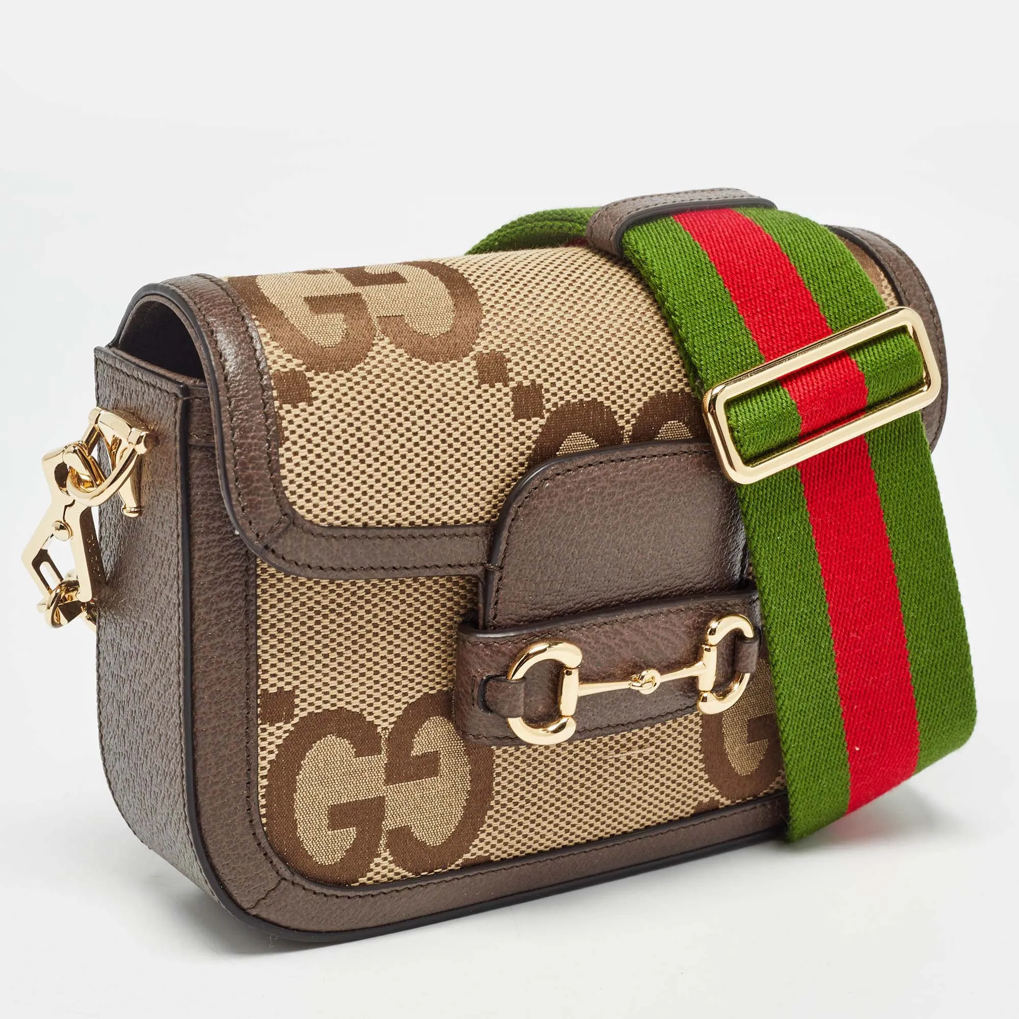 Gucci Beige/brown Gg Canvas Leather Horsebit 1955 Crossbody Bag