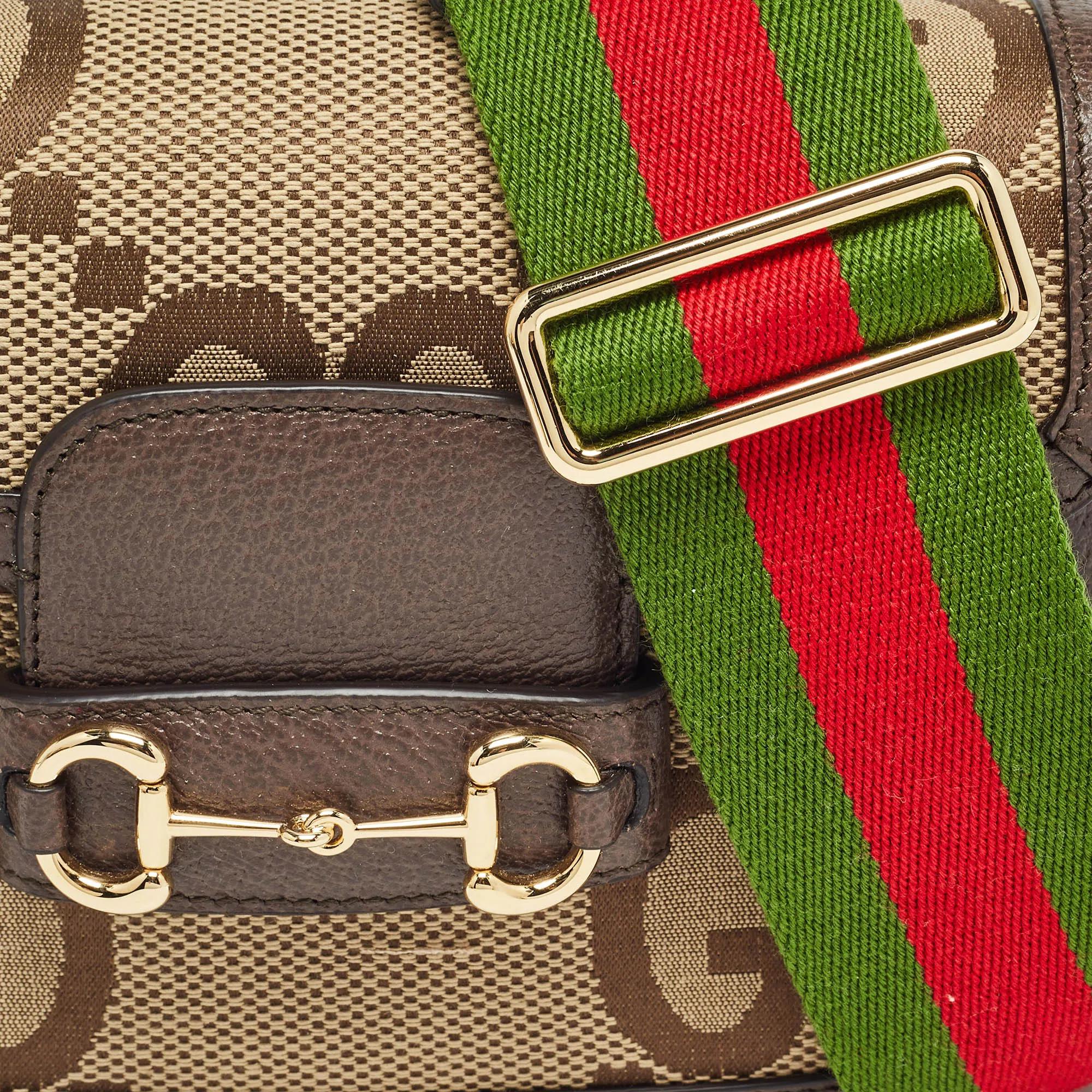 Gucci Beige/brown Gg Canvas Leather Horsebit 1955 Crossbody Bag