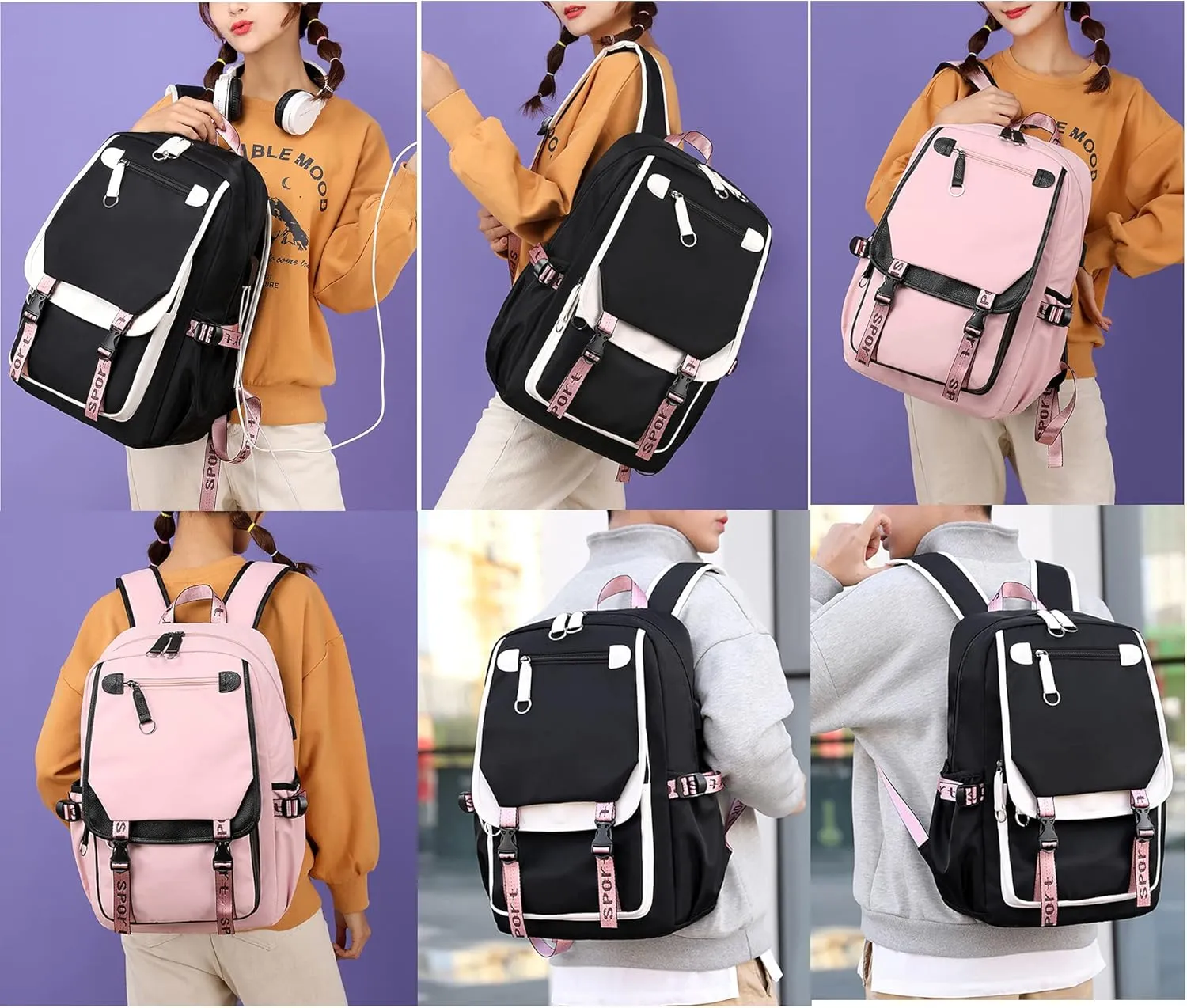 JiaYou Teenage Girls' Backpack Middle School Students Bookbag Outdoor Daypack with USB Charge Port (21 Liters, Black Pink)