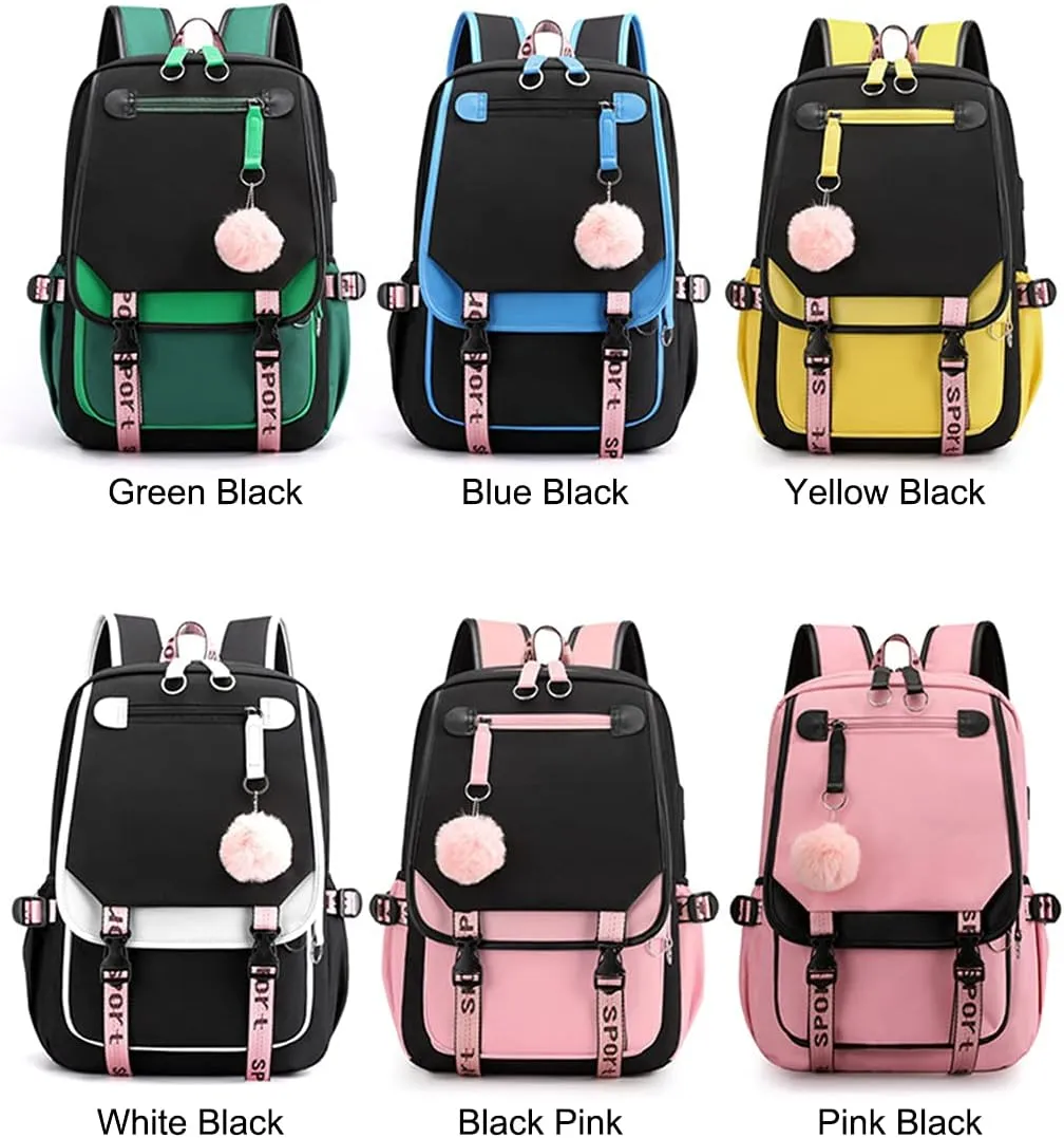 JiaYou Teenage Girls' Backpack Middle School Students Bookbag Outdoor Daypack with USB Charge Port (21 Liters, Black Pink)