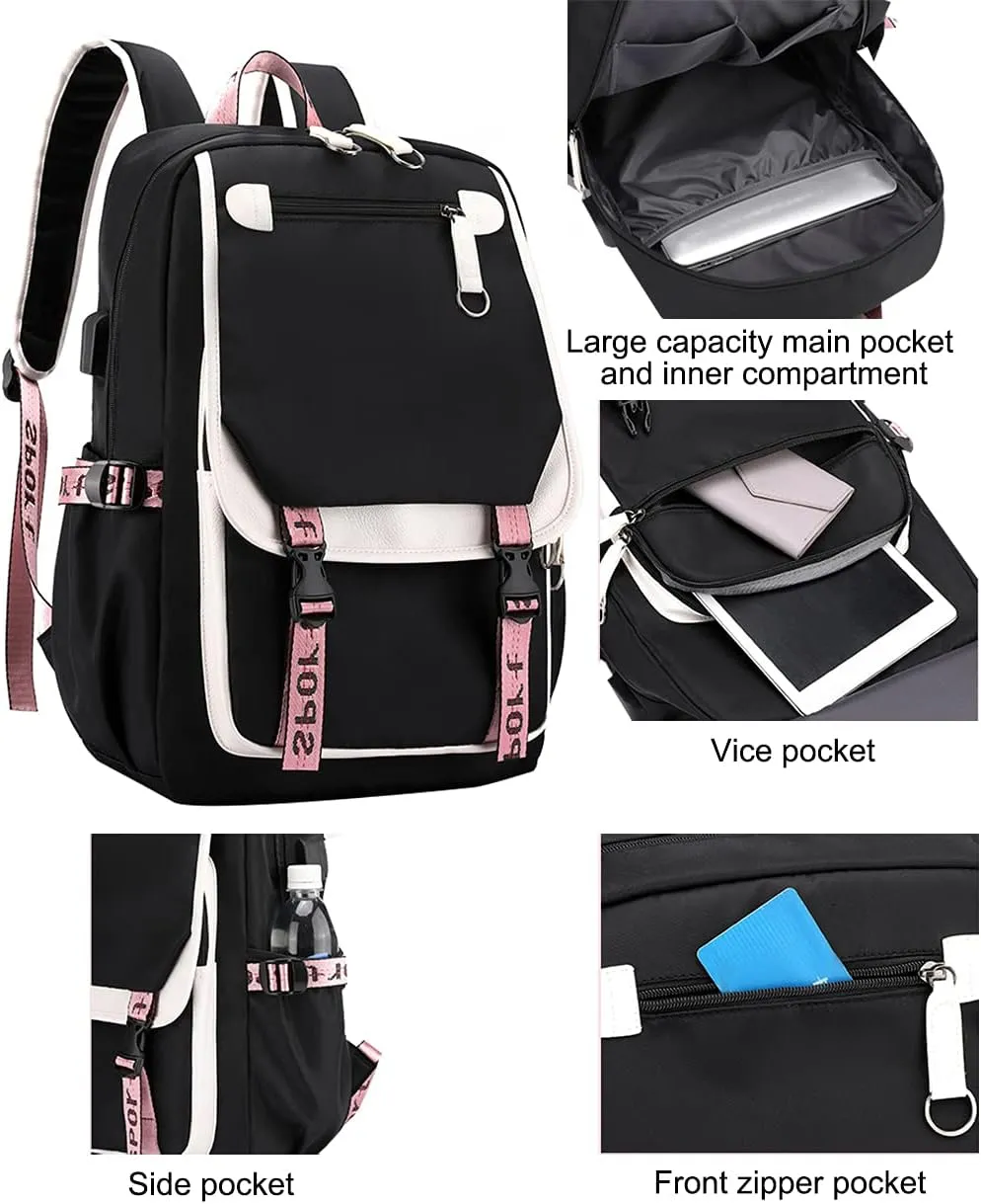 JiaYou Teenage Girls' Backpack Middle School Students Bookbag Outdoor Daypack with USB Charge Port (21 Liters, Black Pink)