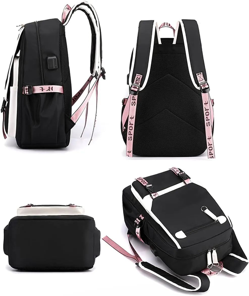 JiaYou Teenage Girls' Backpack Middle School Students Bookbag Outdoor Daypack with USB Charge Port (21 Liters, Black Pink)