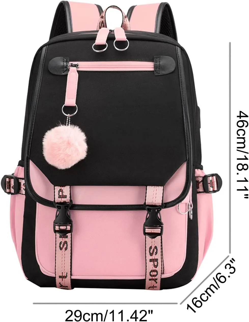 JiaYou Teenage Girls' Backpack Middle School Students Bookbag Outdoor Daypack with USB Charge Port (21 Liters, Black Pink)