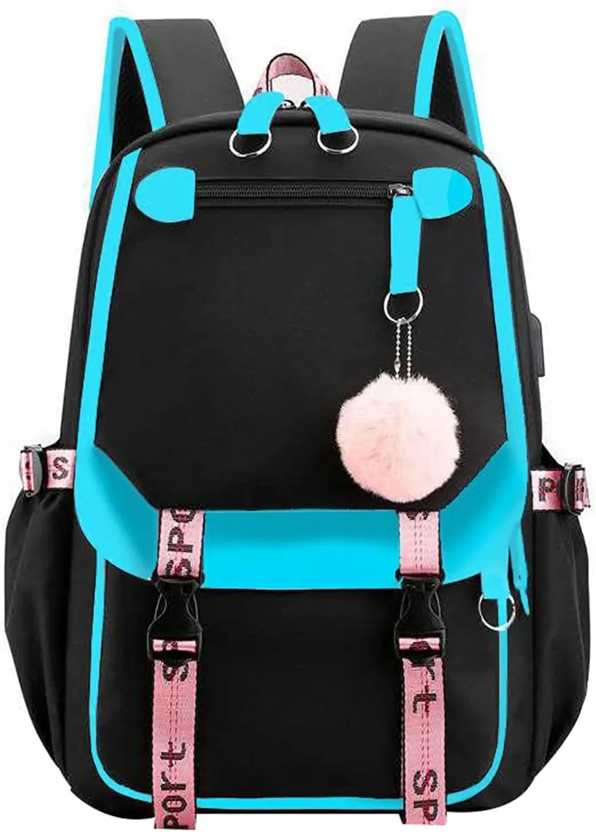 JiaYou Teenage Girls' Backpack Middle School Students Bookbag Outdoor Daypack with USB Charge Port (21 Liters, Light Blue)